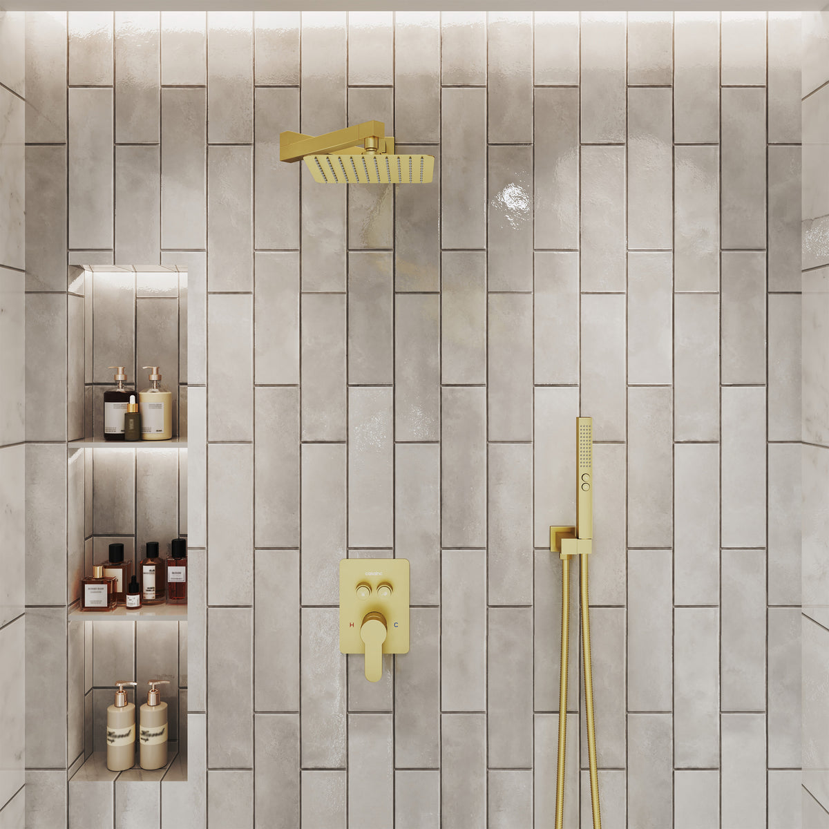 8" Wall-Mounted Concealed Shower System with Foldable Rainfall Shower Head & Handheld Sprayer