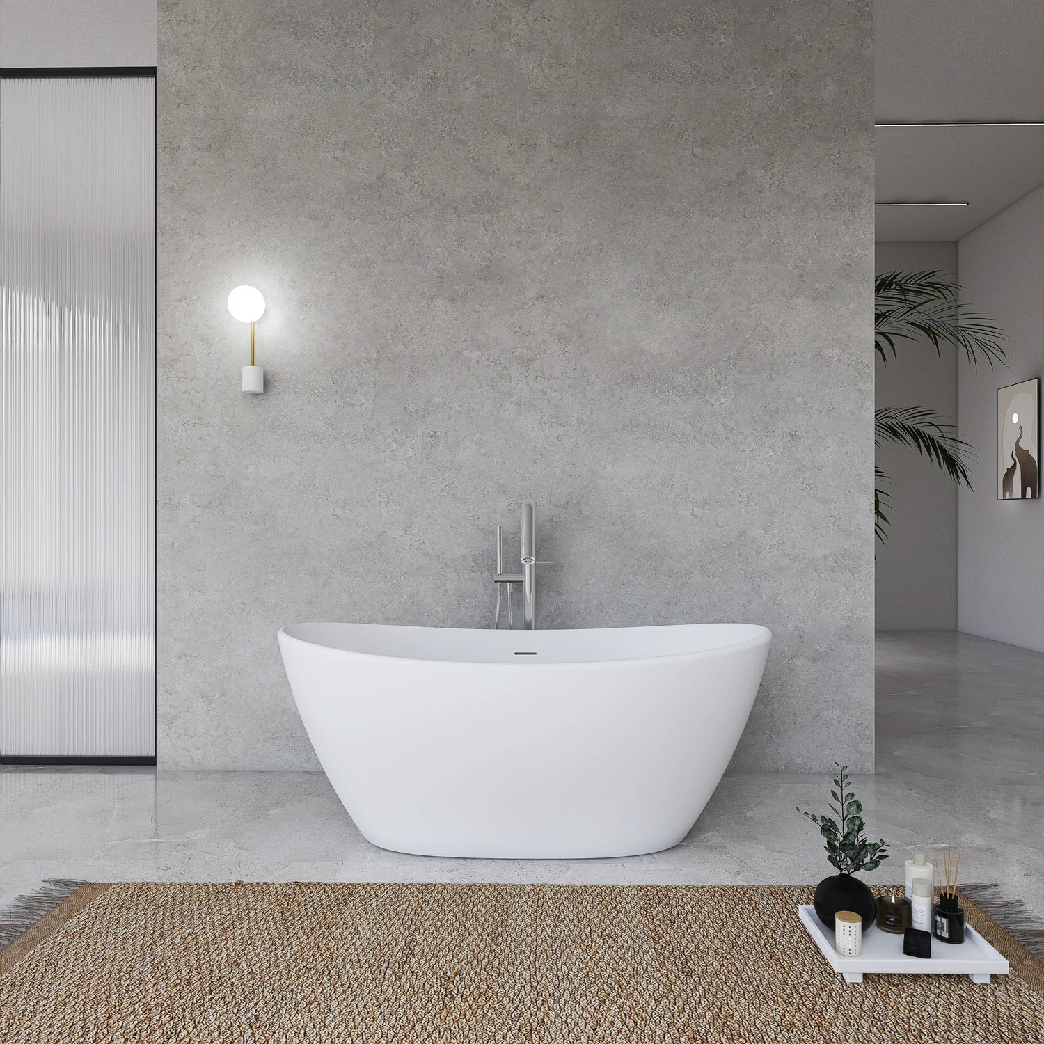 61" Solid Surface Freestanding Soaking Bathtub for Small to Medium Bathrooms