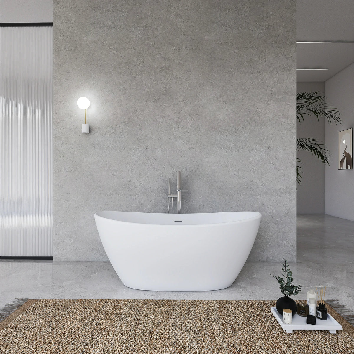 61" Solid Surface Freestanding Soaking Bathtub for Small to Medium Bathrooms