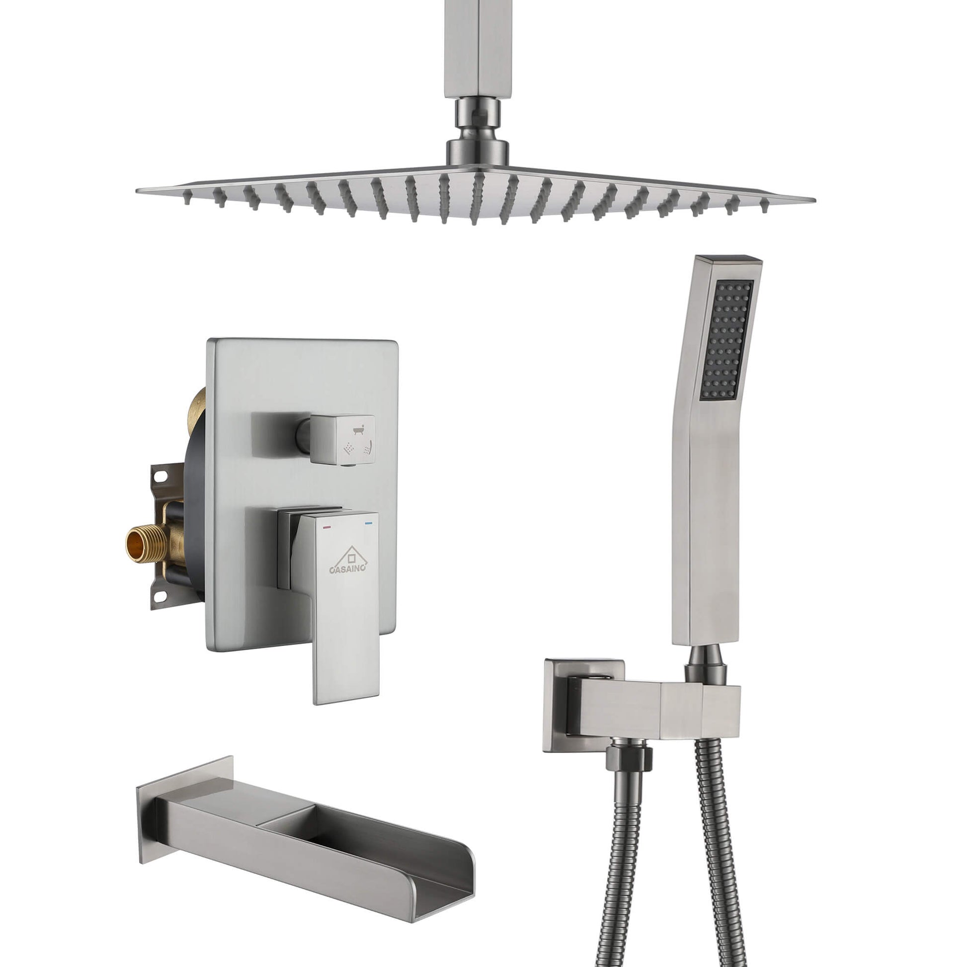 Ceiling Mount Shower System with Tub Spout and Rain Showerhead, Brushed Nickel Ceiling Shower Great for Gentle Rain-Like Water Flow
