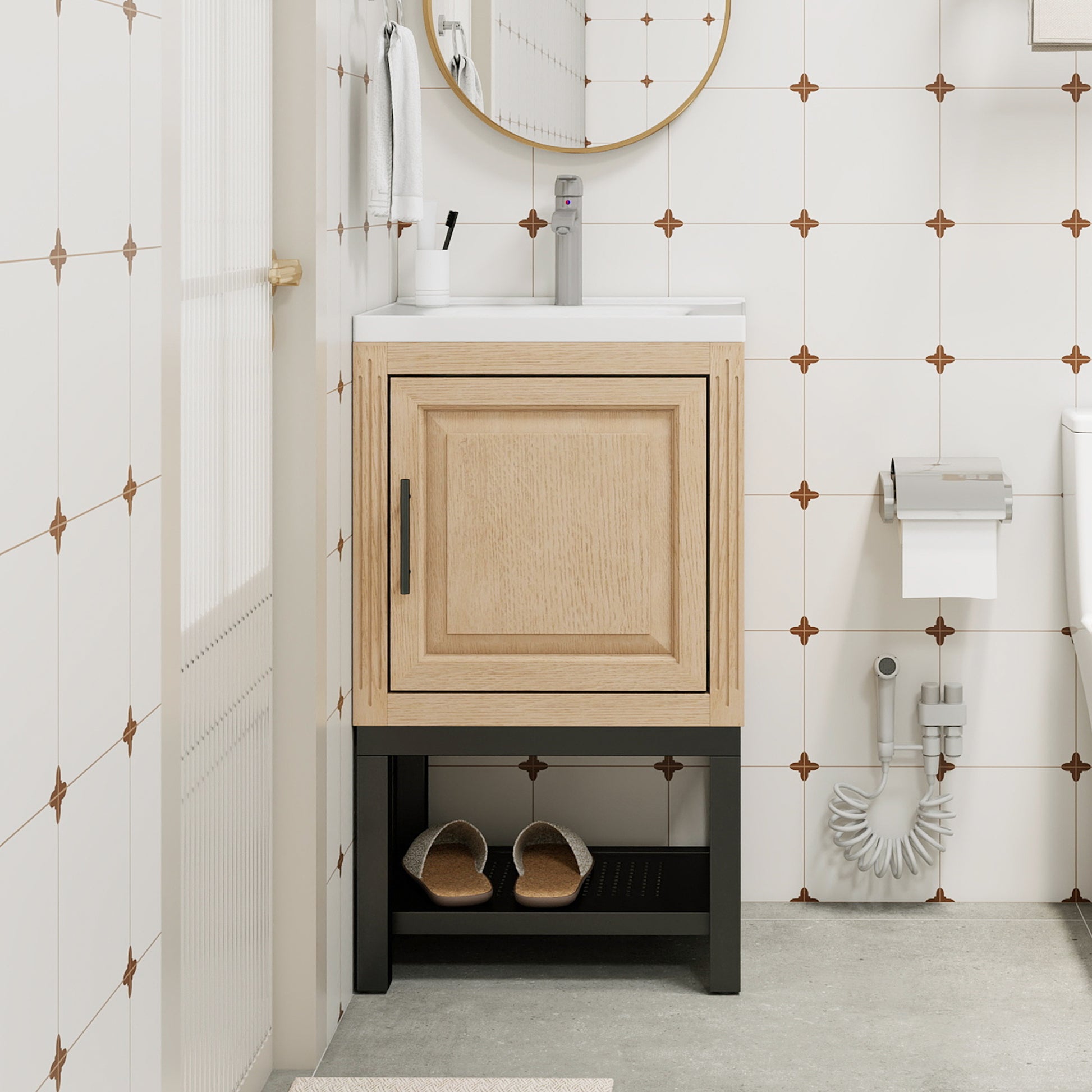 Freestanding Bathroom Vanity with White Ceramic Sink & Hot and Cold Faucet