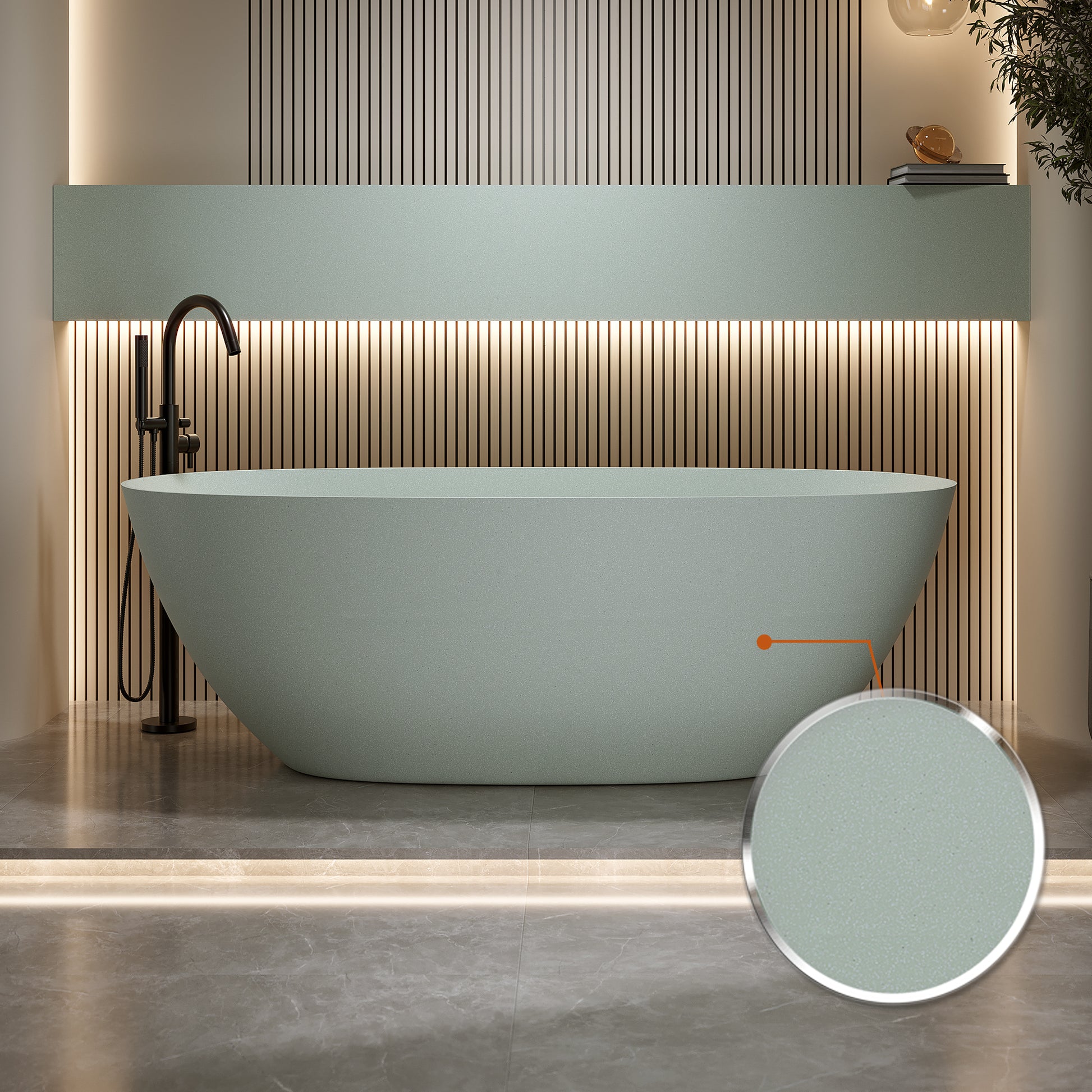 57"/61"/65"/69" Minimalist Solid Surface Freestanding Bathtub in Pine Crest and Shadow Whisper