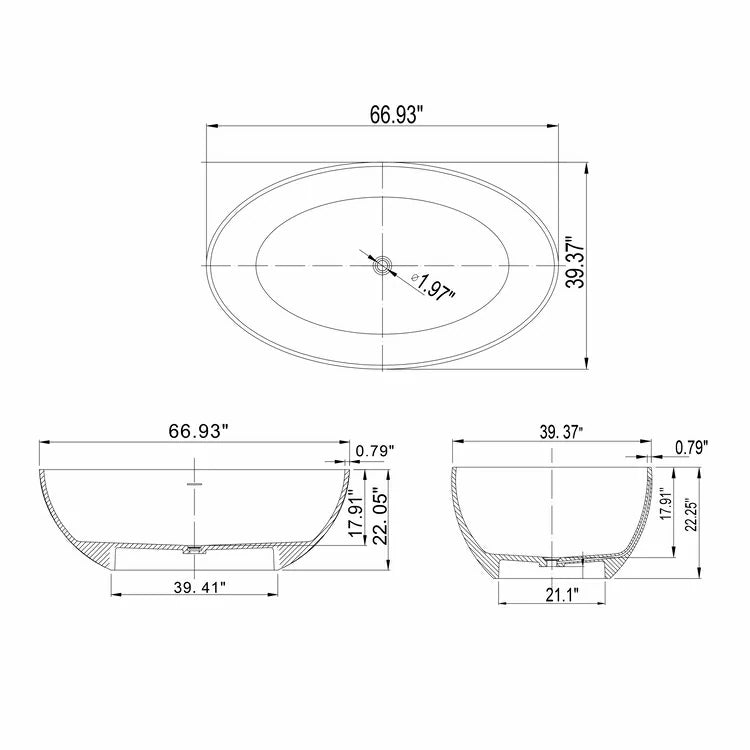 67 Inch Freestanding Solid Surface Soaking Bathtub for Bathroom