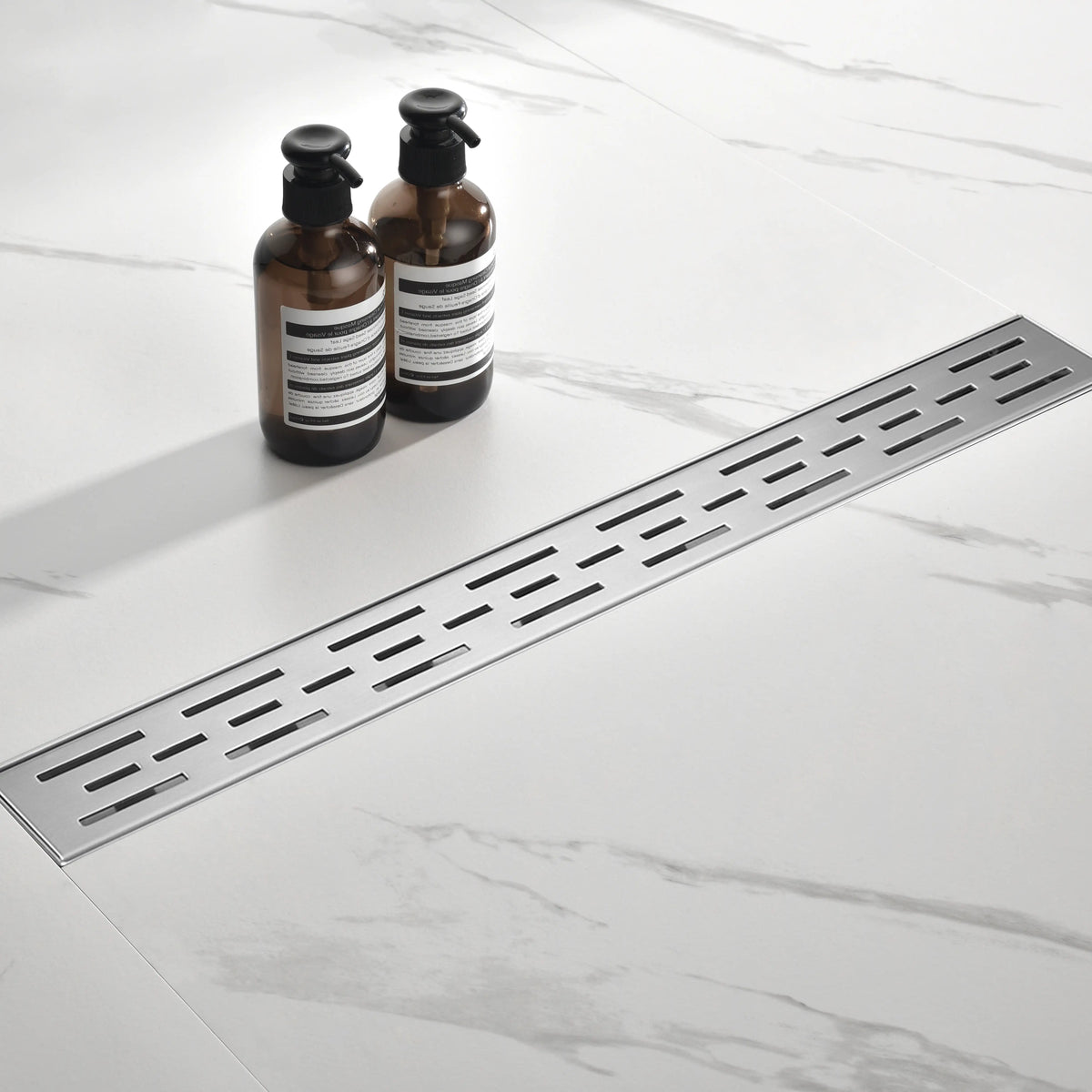 Linear Shower Drain with Brick Pattern Grate Cover and Hair Strainer in 304 Stainless Steel