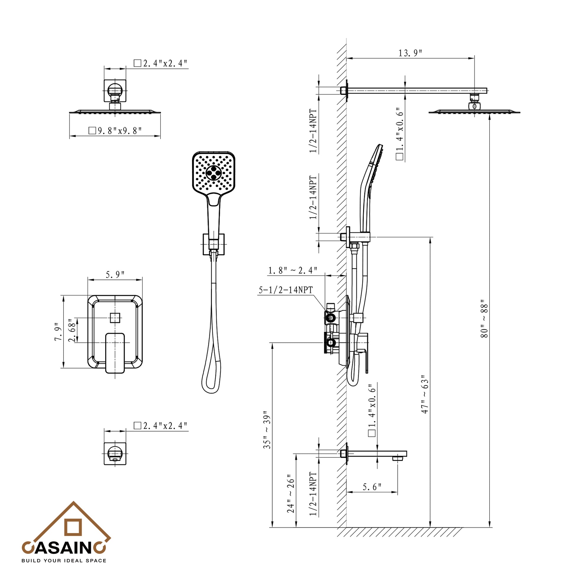 CASAINC 10 inch Square Wall-mounted rain shower faucet with pressure balanced valve