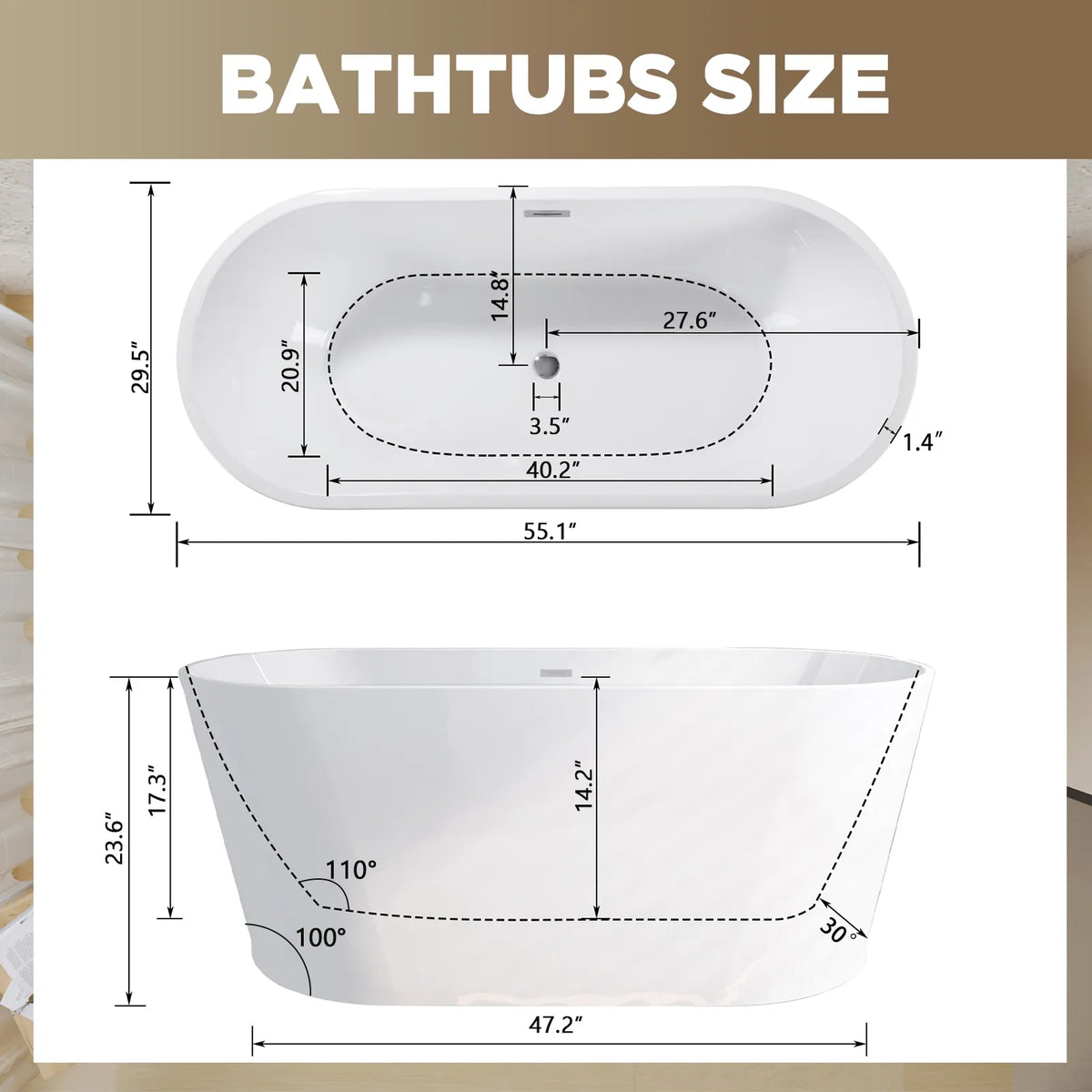 55"/67" Glossy White Acrylic Freestanding Bathtub with Double-walled Insulation
