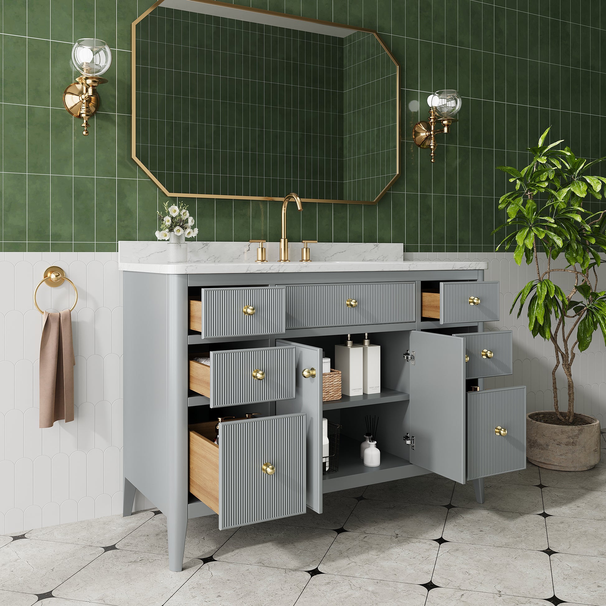 30"/36"/48" Freestanding Single Sink Bathroom Vanity with Solid Wood Construction & Marble Top