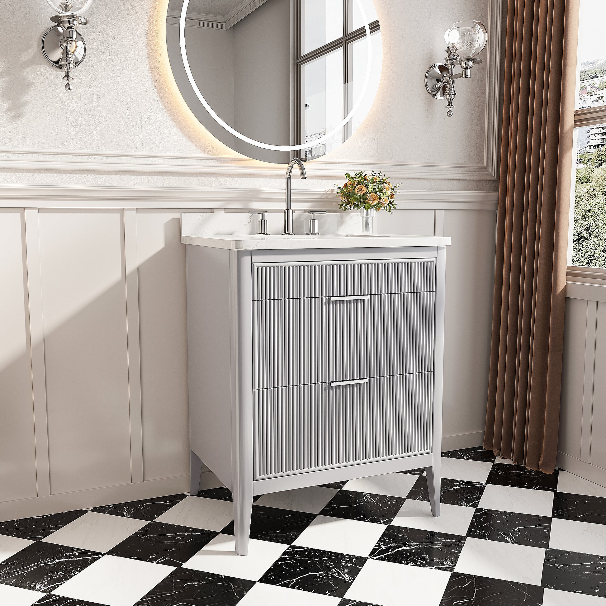 30"/36"/48" Freestanding Single Sink Bathroom Vanity with Solid Wood Construction & Marble Top