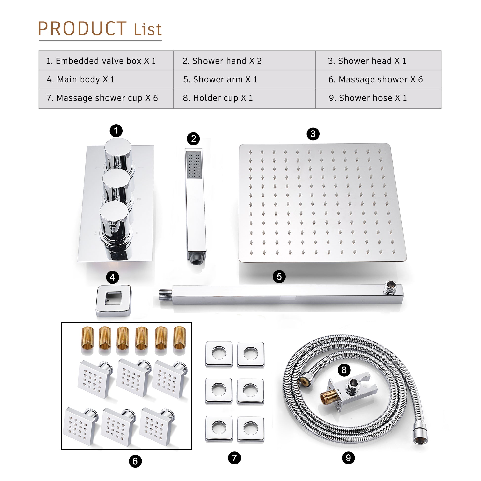 12" Thermostatic Complete Shower System with Rough-in Valve & 6 Body Jets