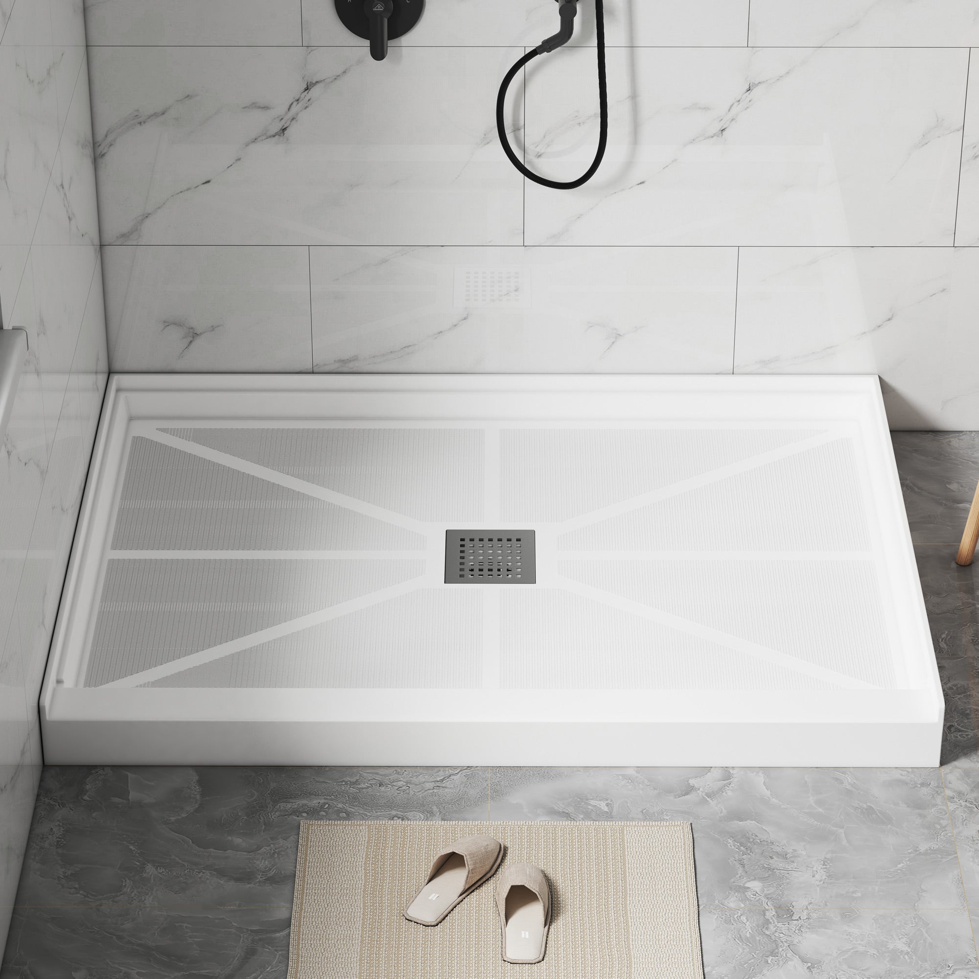 Rectangle Solid Surface White Shower Pan Base with Center Drain