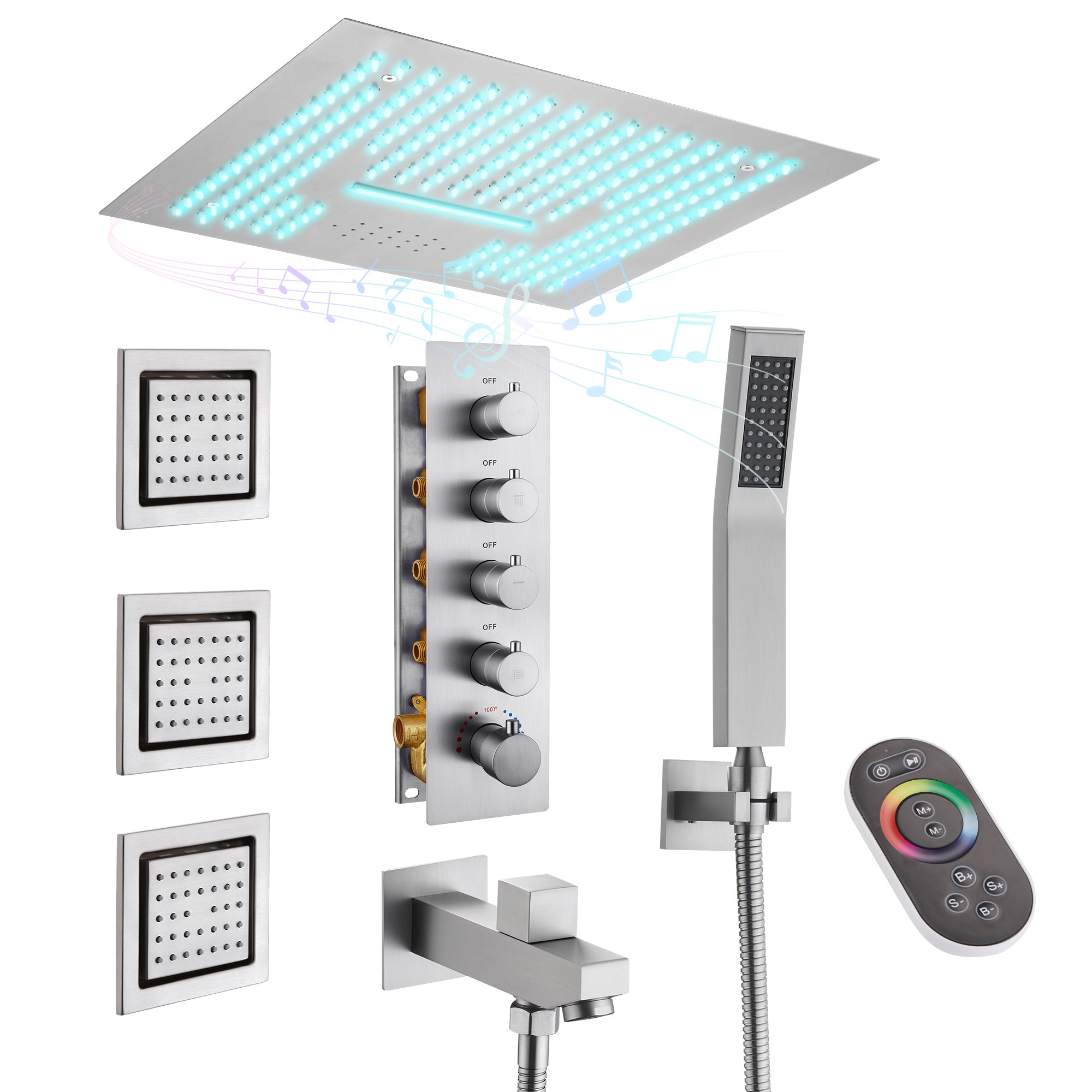 16" Ceiling-Mount 4-Way Shower System with LED Display and Music Player