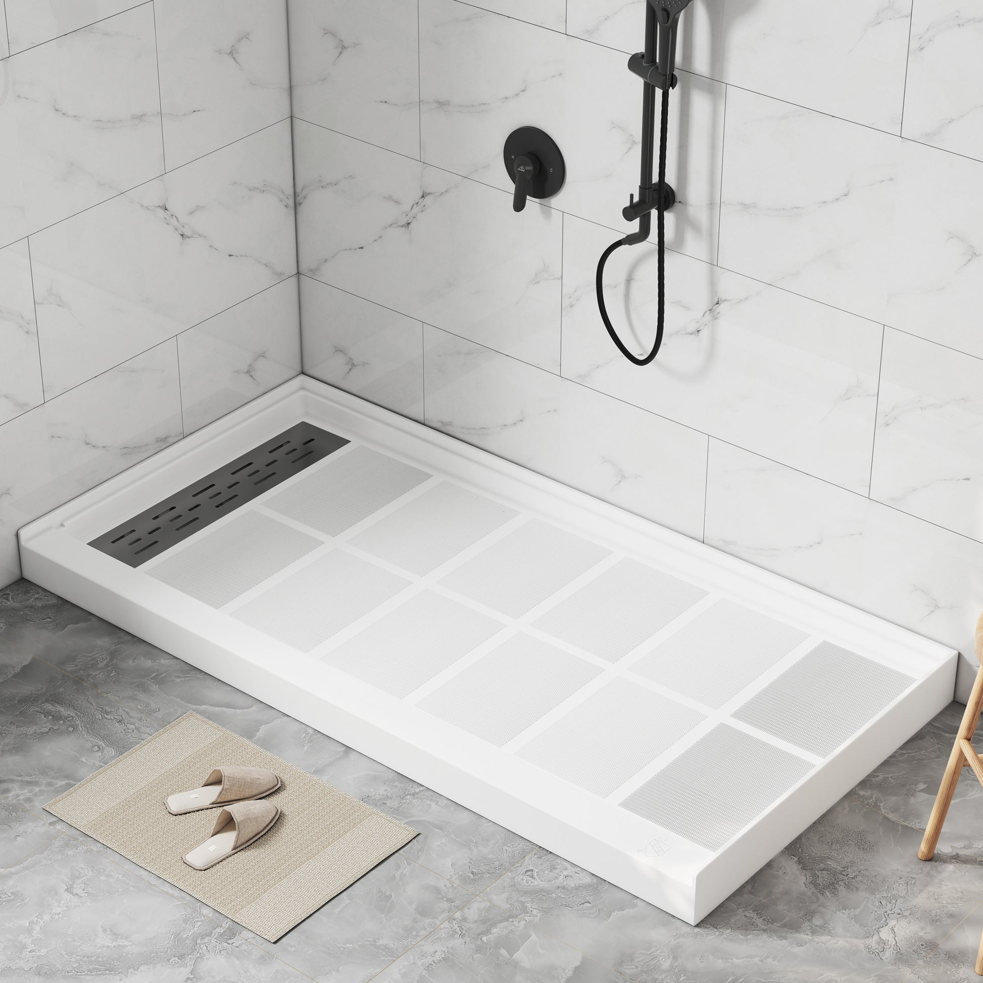 60"x30" Solid Surface Alcove Shower Pan Base in White, Drain Included