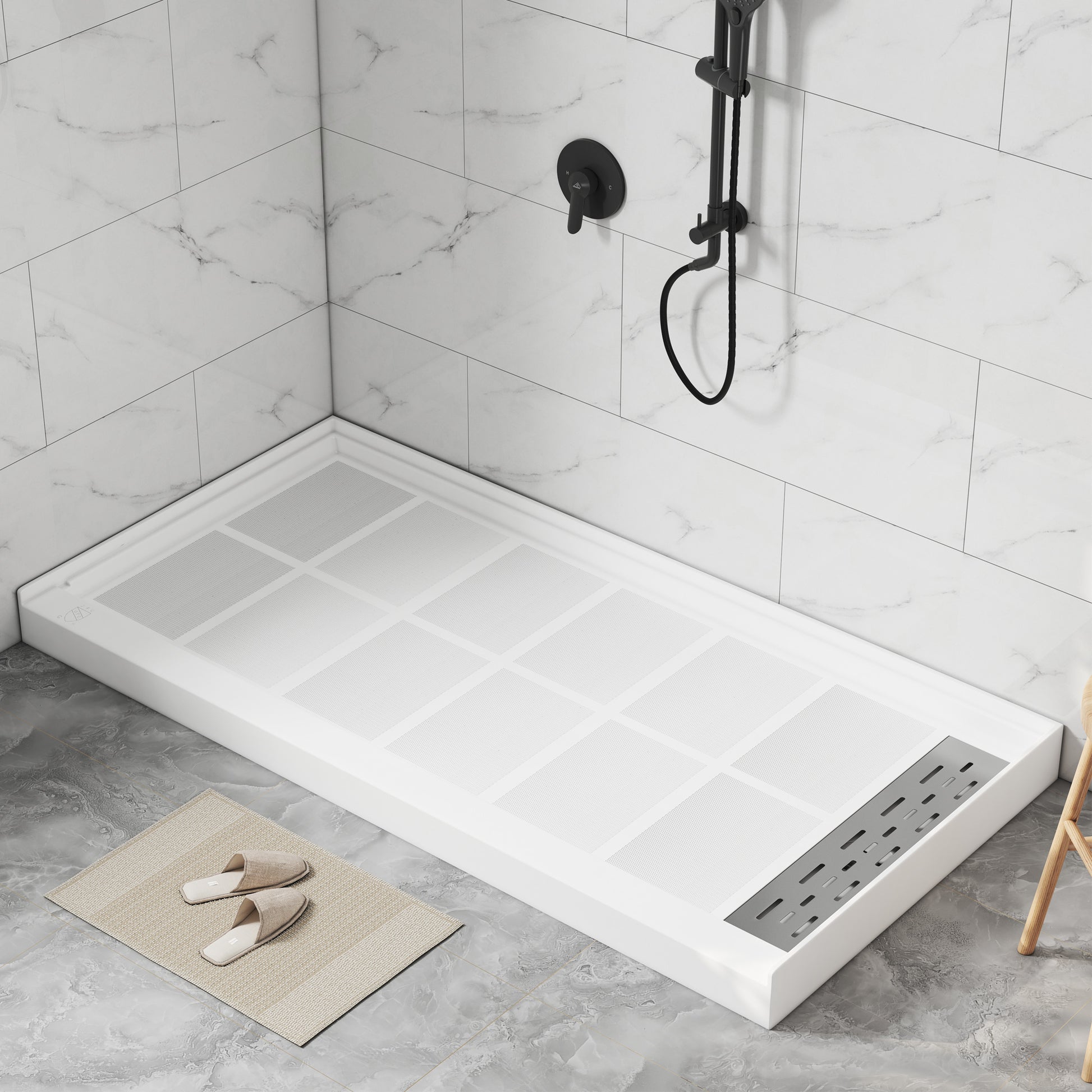60"x30" Solid Surface Alcove Shower Pan Base in White, Drain Included
