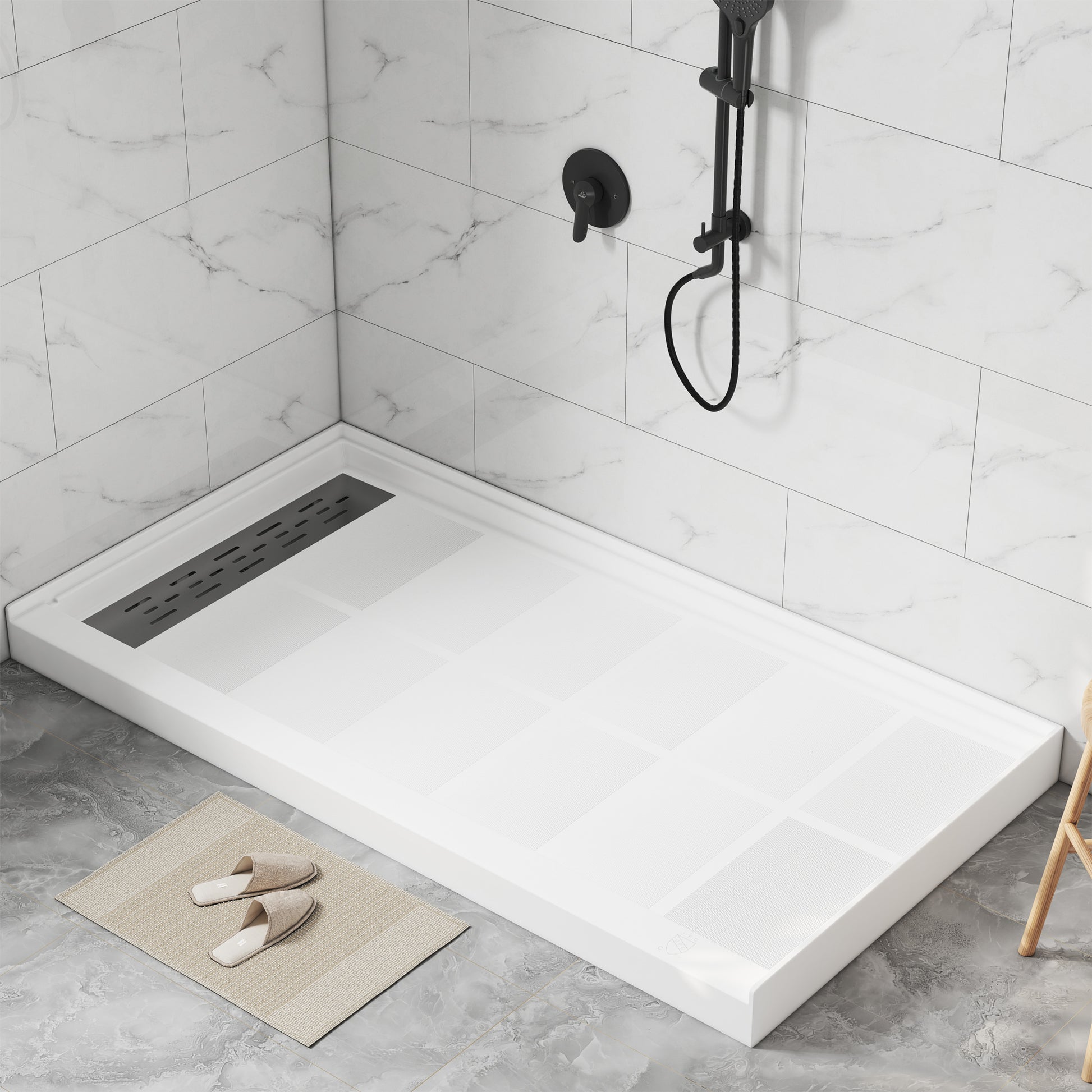 60"x32" White Solid Surface Single Threshold Alcove Shower Pan Base
