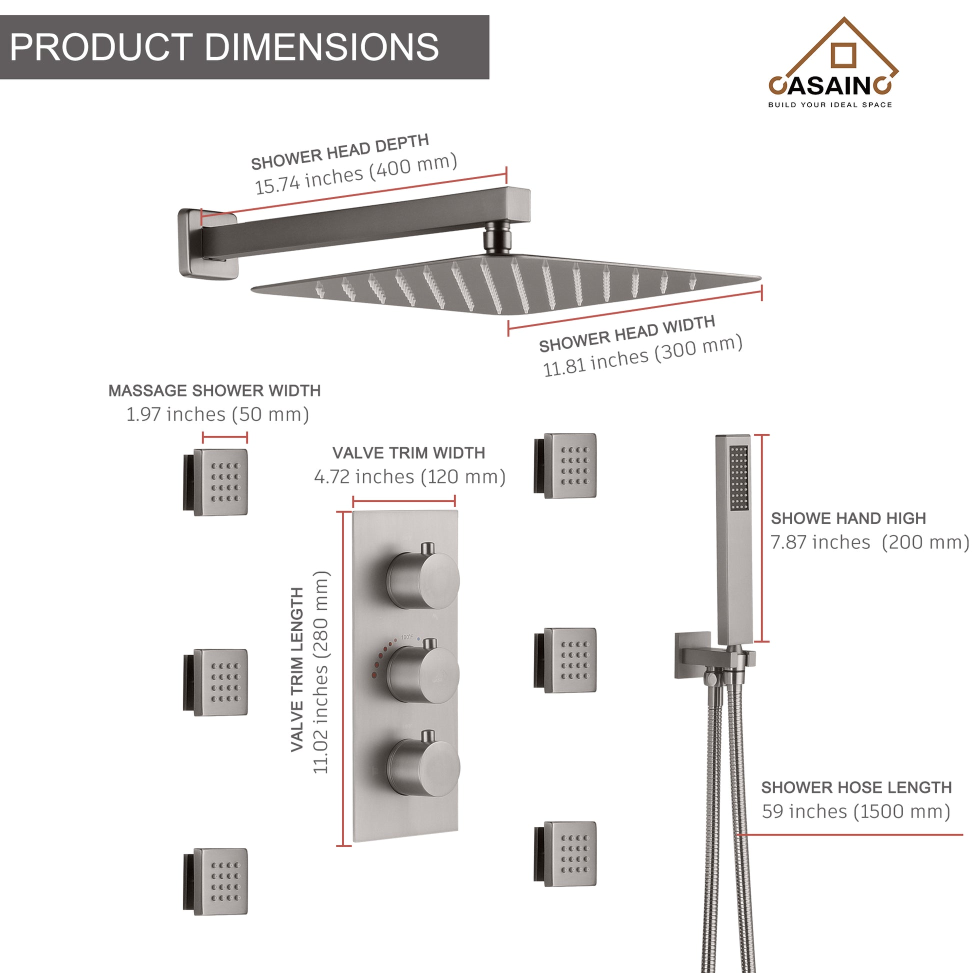 12" Thermostatic Complete Shower System with Rough-in Valve & 6 Body Jets