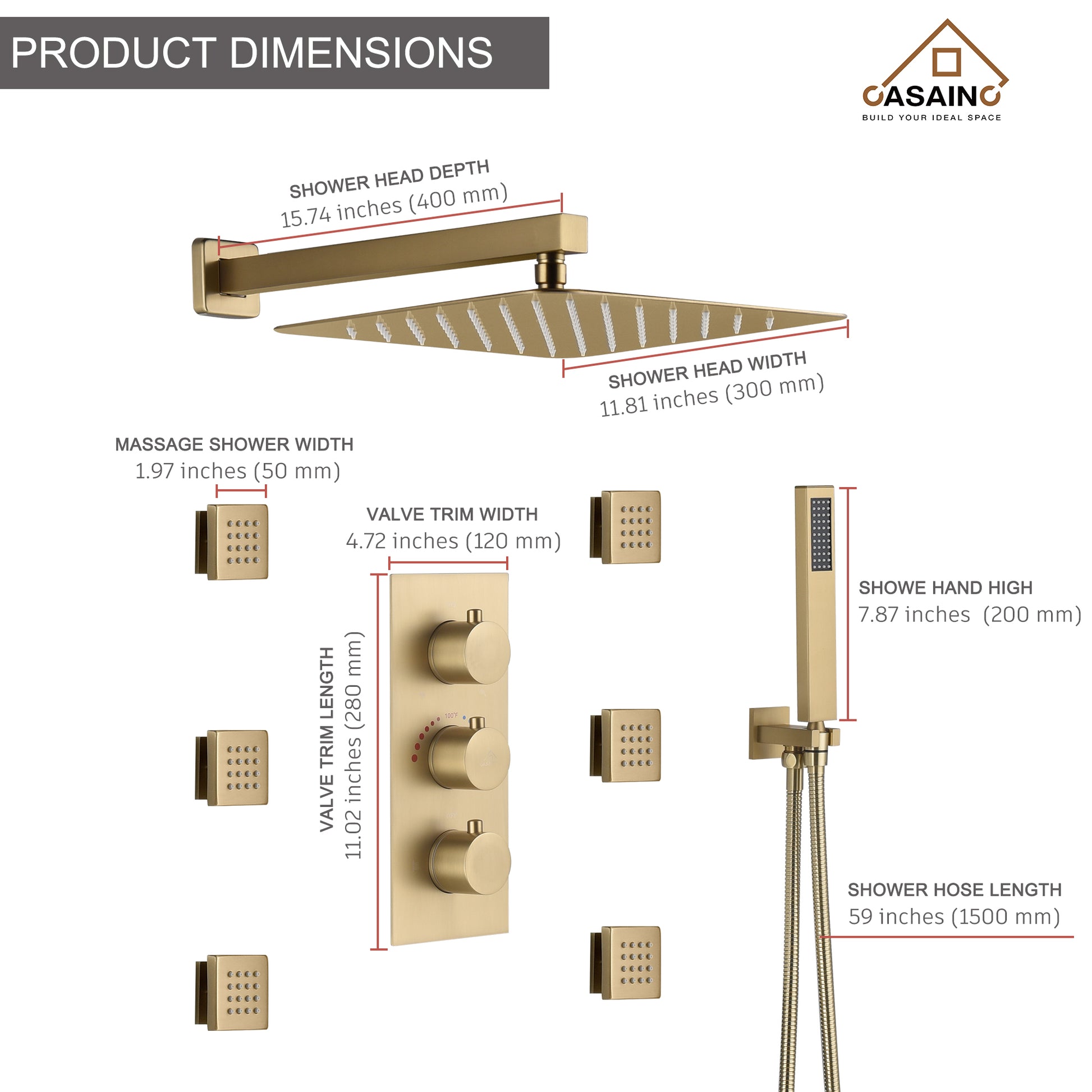 12" Thermostatic Complete Shower System with Rough-in Valve & 6 Body Jets