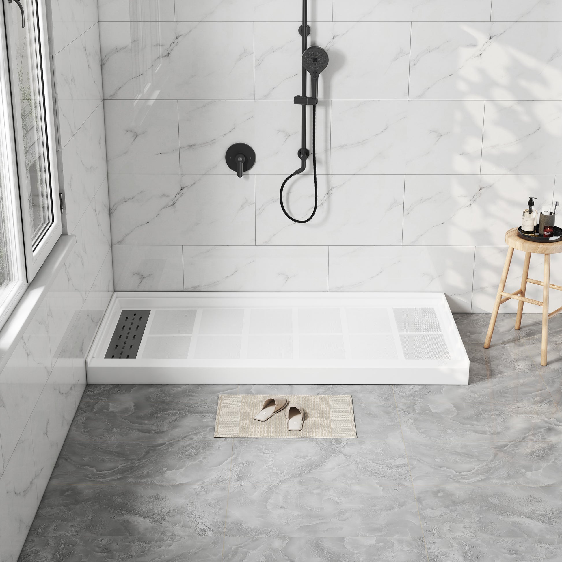 60"x30" Solid Surface Alcove Shower Pan Base in White, Drain Included