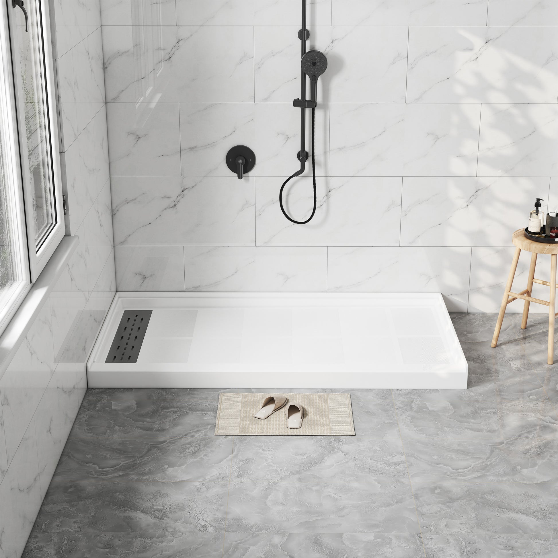 60"x32" White Solid Surface Single Threshold Alcove Shower Pan Base