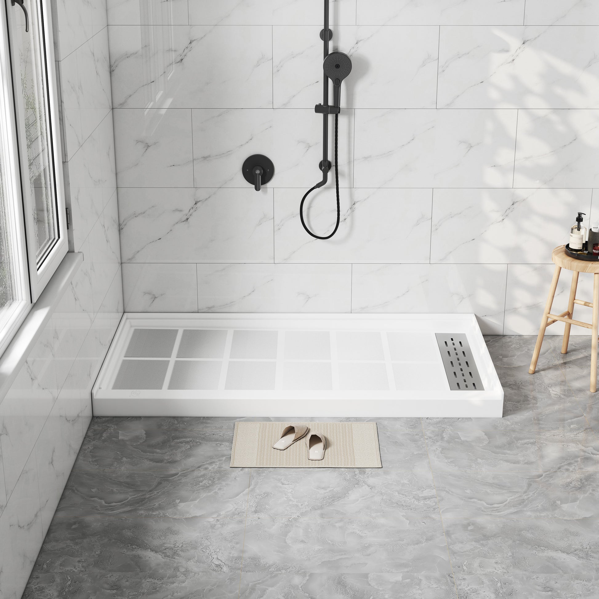 60"x32" White Solid Surface Single Threshold Alcove Shower Pan Base