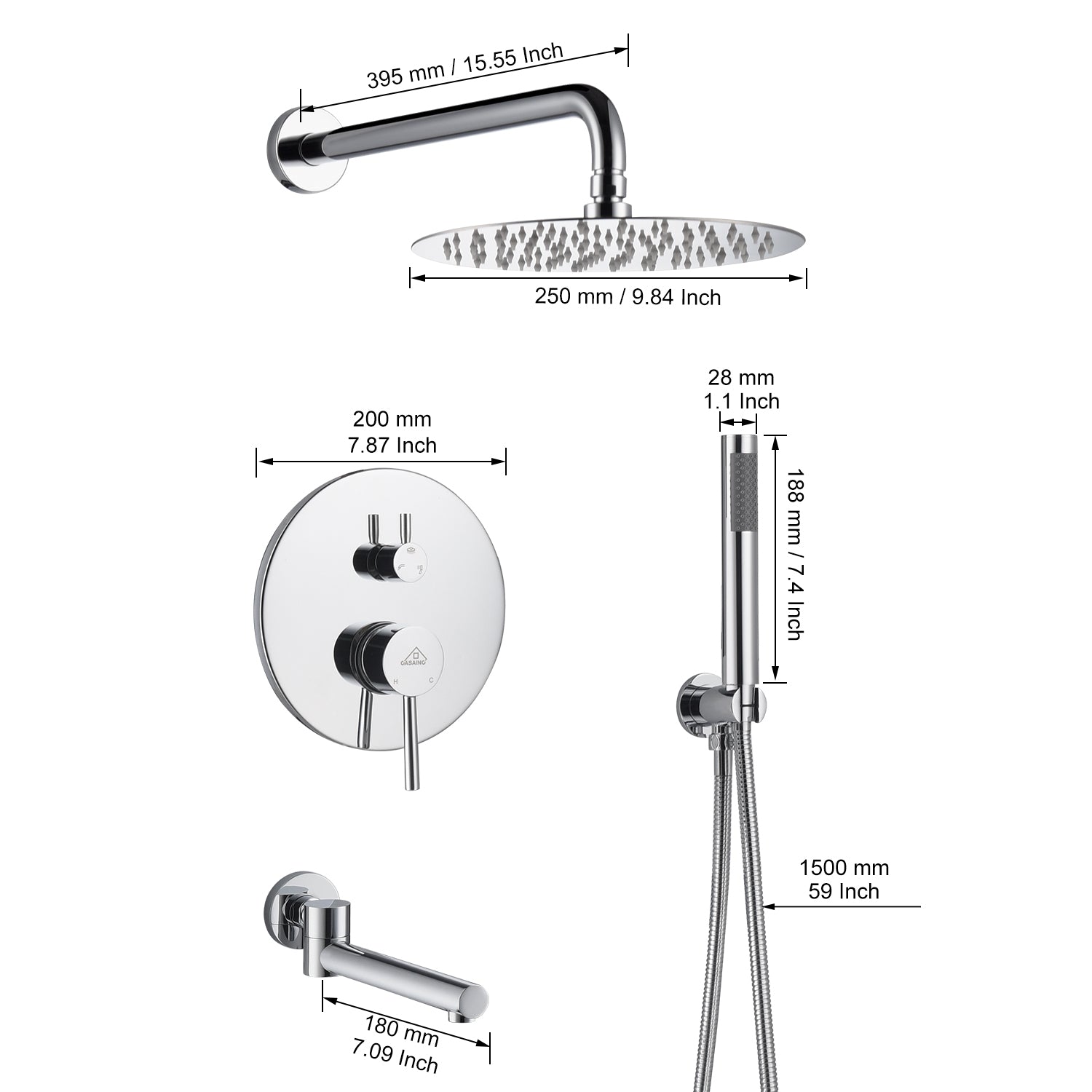 Casainc Round 3 Functions Wall Mount Dual Shower Heads Shower System In Black