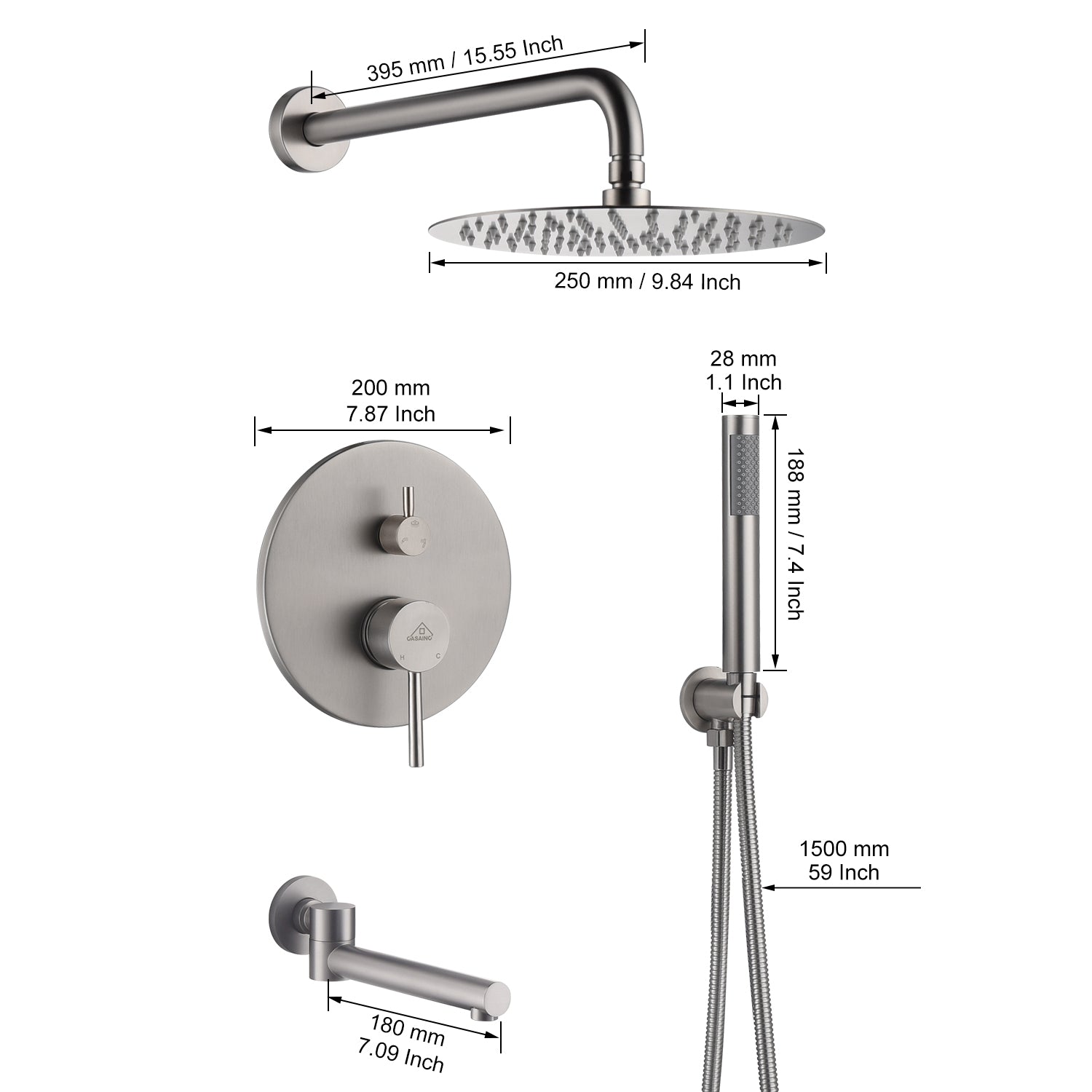 Casainc Round 3 Functions Wall Mount Dual Shower Heads Shower System In Black