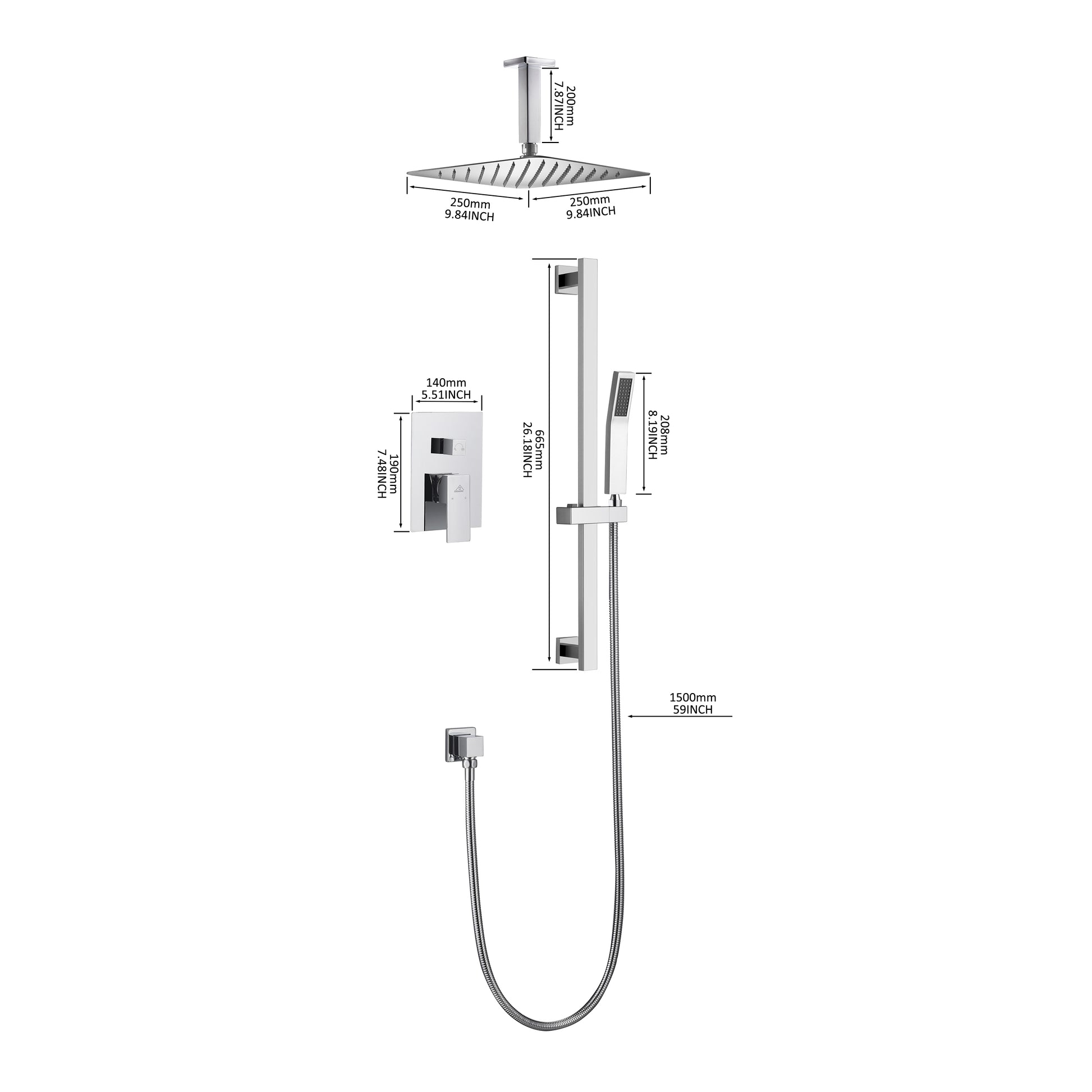 CASAINC 2 Function 10" Ceiling Mount Dual Shower Heads Shower System With Sliding Rod Shower Hand