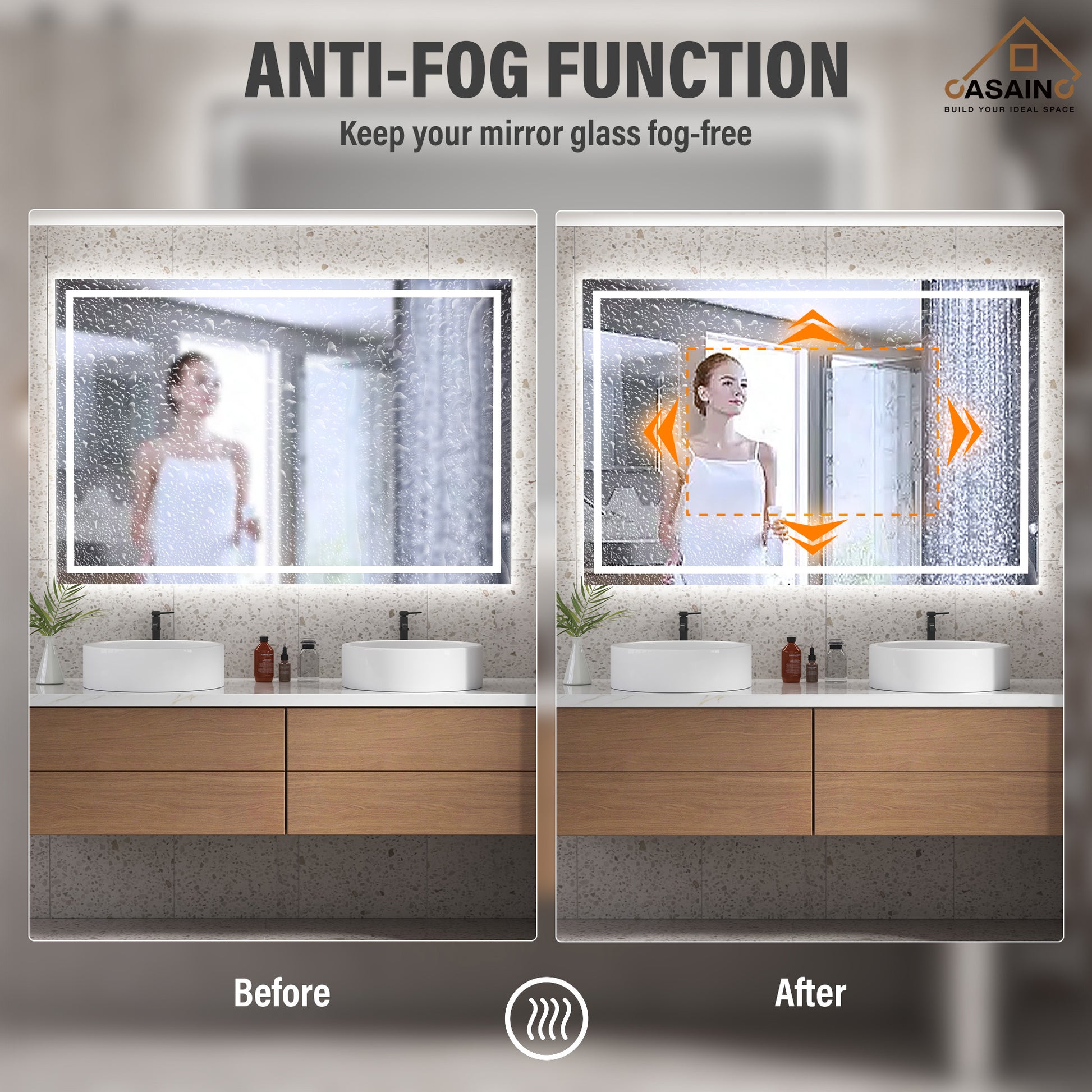 Rectangular Frameless LED Bathroom Mirror with Anti-Fog & Adjustable Color