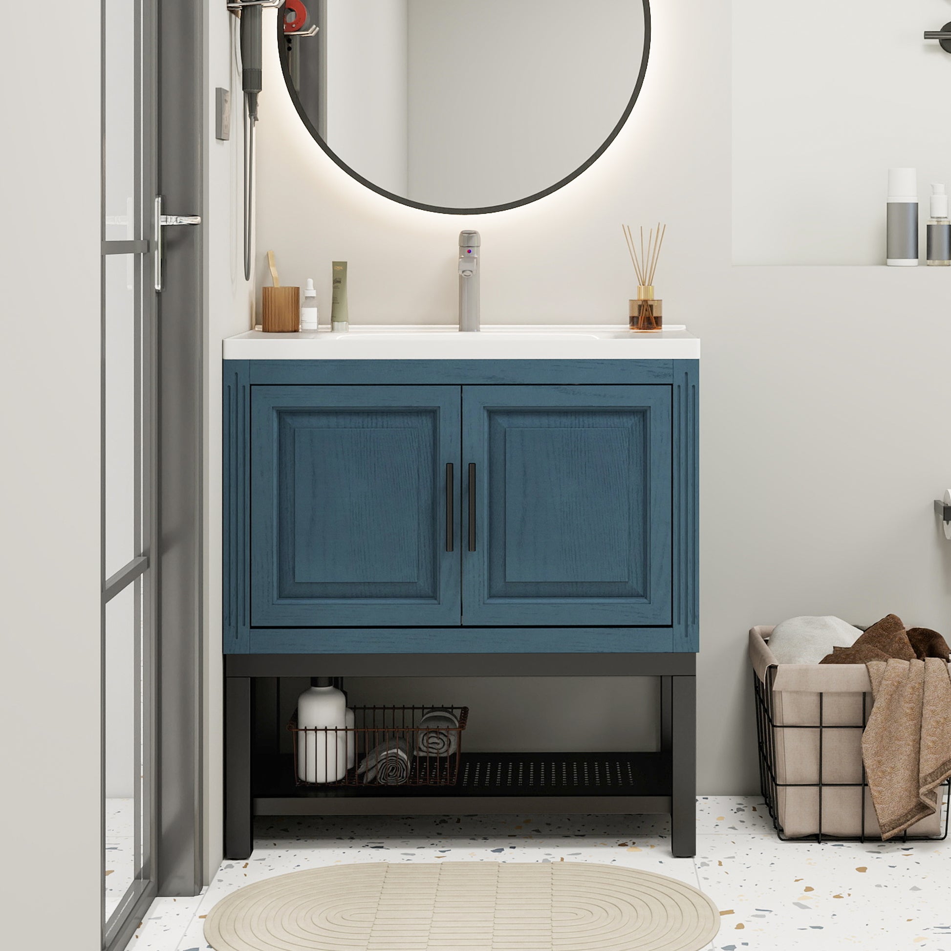 Freestanding Bathroom Vanity with White Ceramic Sink & Hot and Cold Faucet