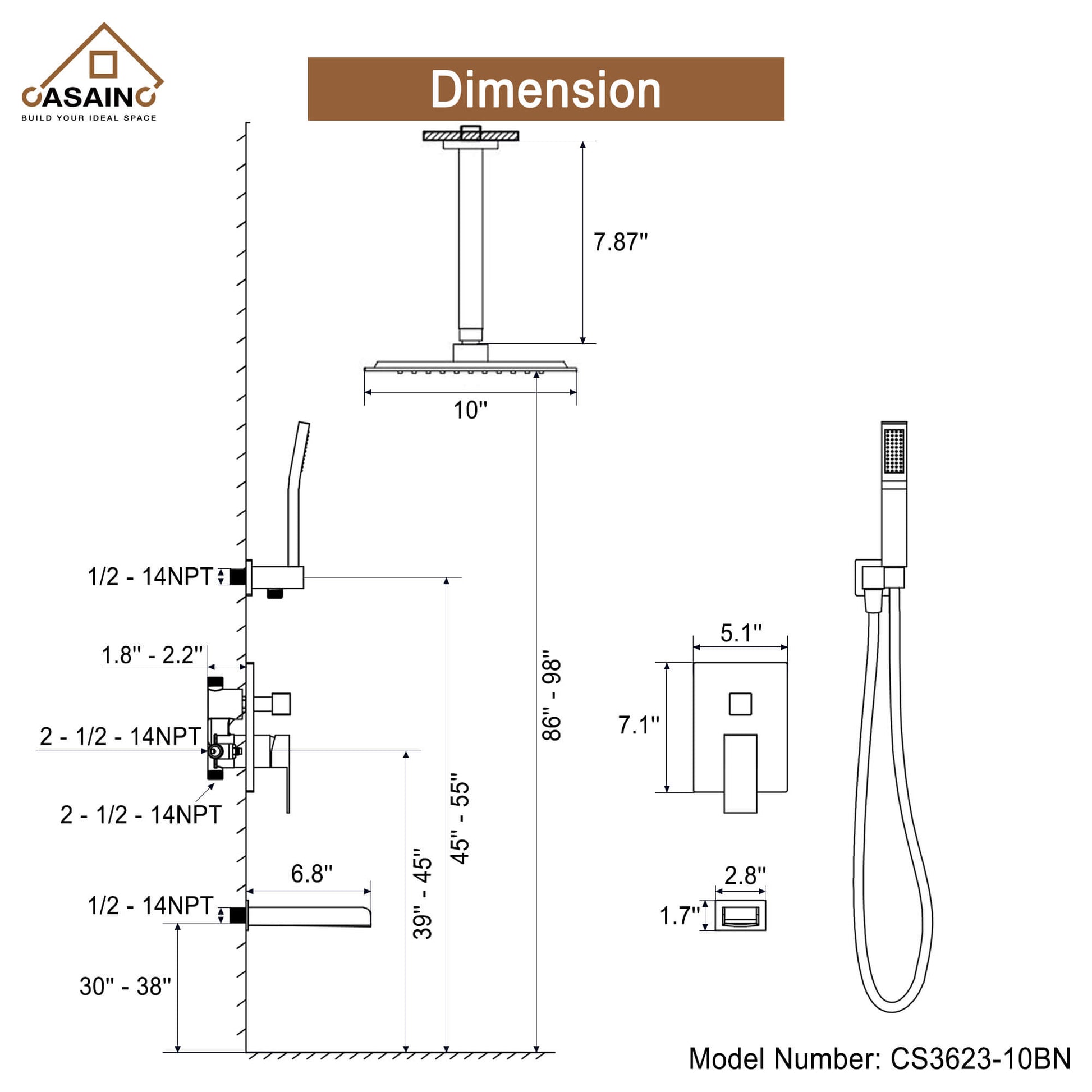 CASAINC Shower System with Cascading Tub Filler