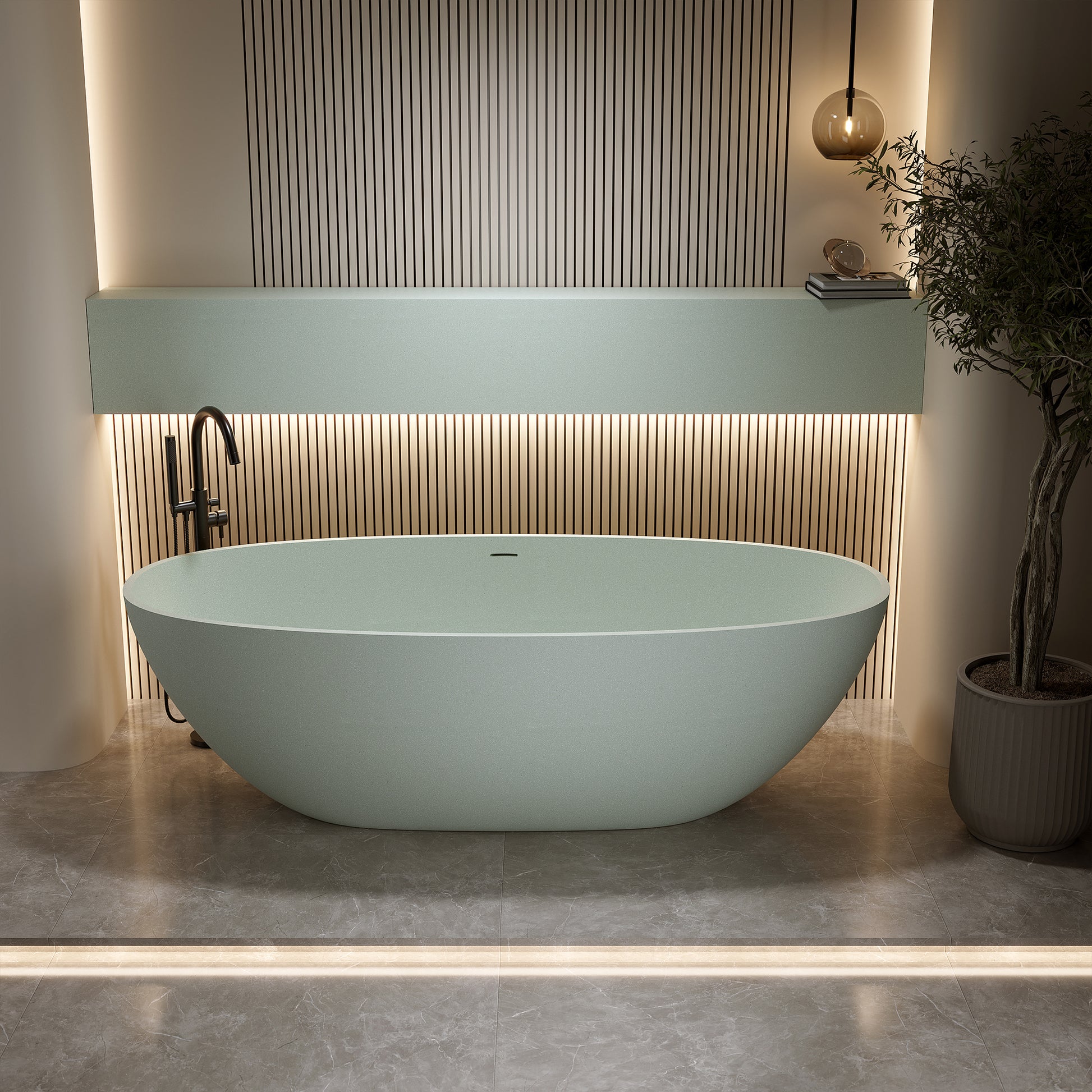 55"/59"/63"/67"/71" Turquoise Green Stone Resin Freestanding Bathtub with Center Overflow and Drain