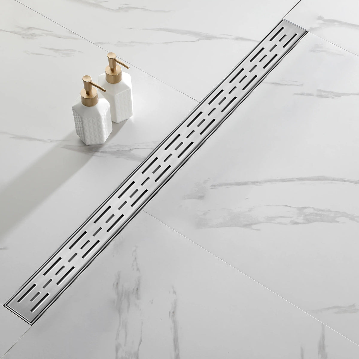 Linear Shower Drain with Brick Pattern Grate Cover and Hair Strainer in 304 Stainless Steel