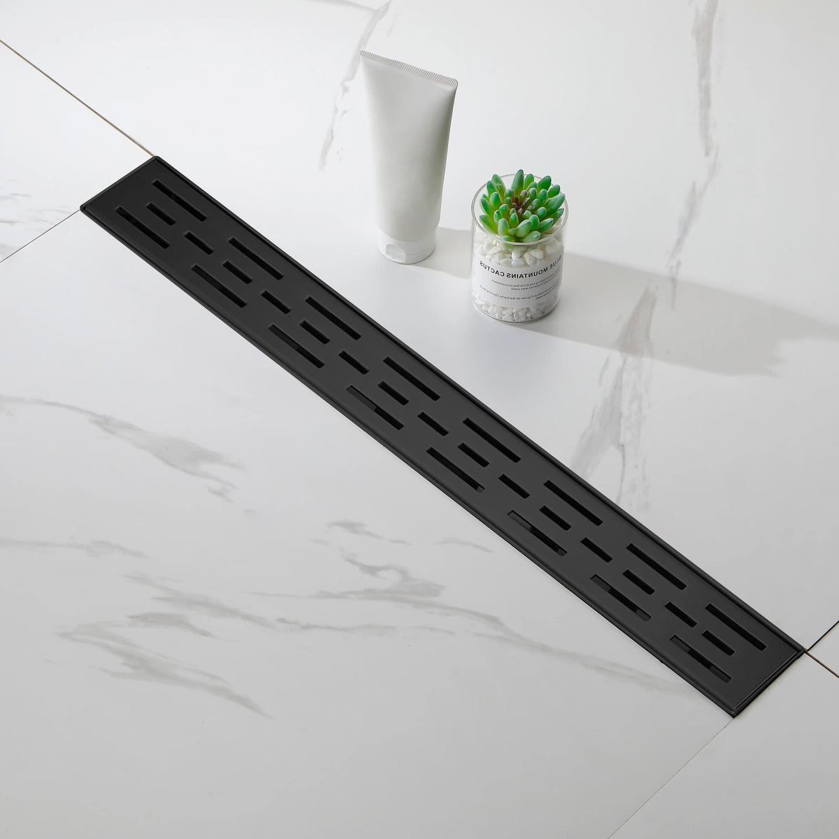 Linear Shower Drain with Brick Pattern Grate Cover and Hair Strainer in 304 Stainless Steel