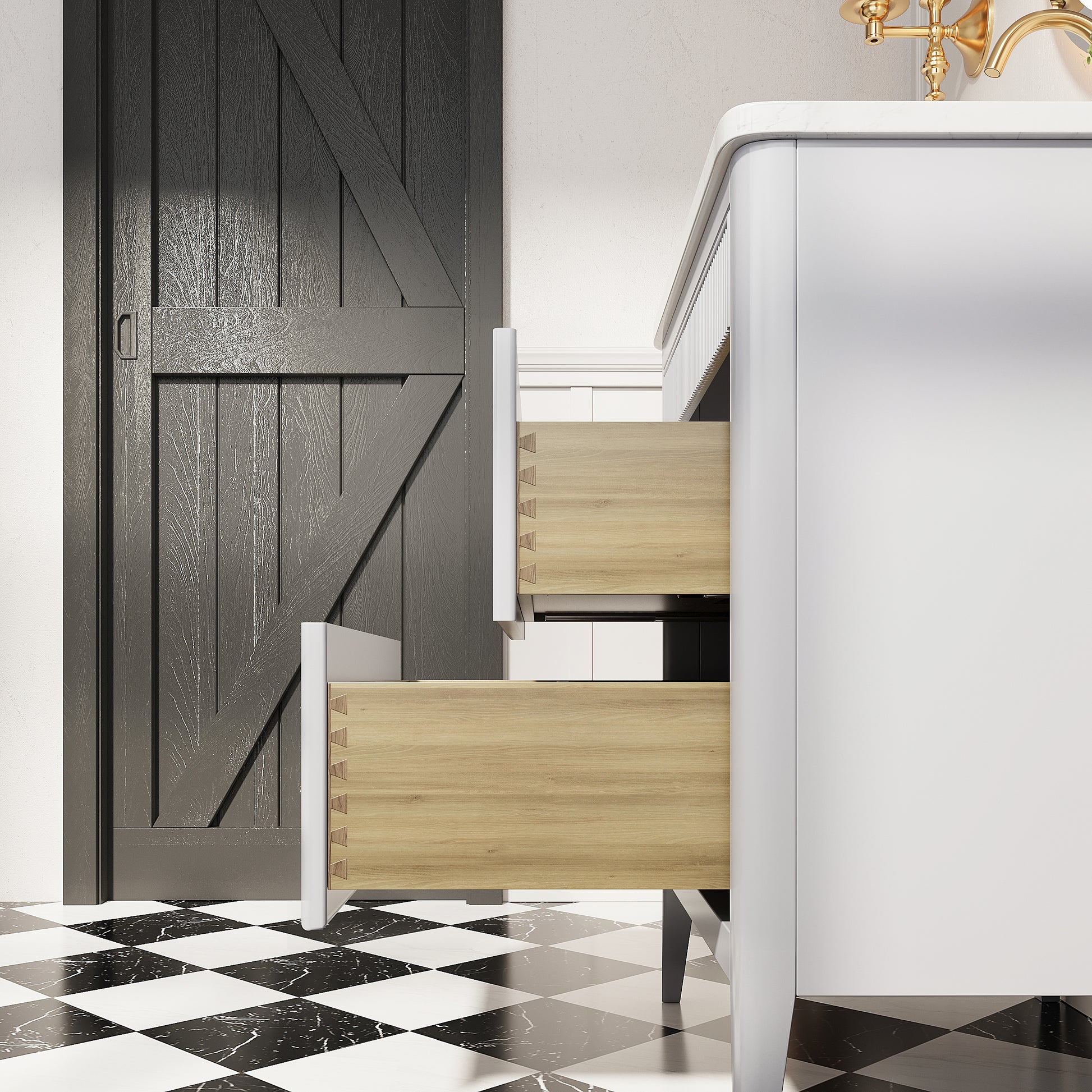 30"/36"/48" Freestanding Single Sink Bathroom Vanity with Solid Wood Construction & Marble Top