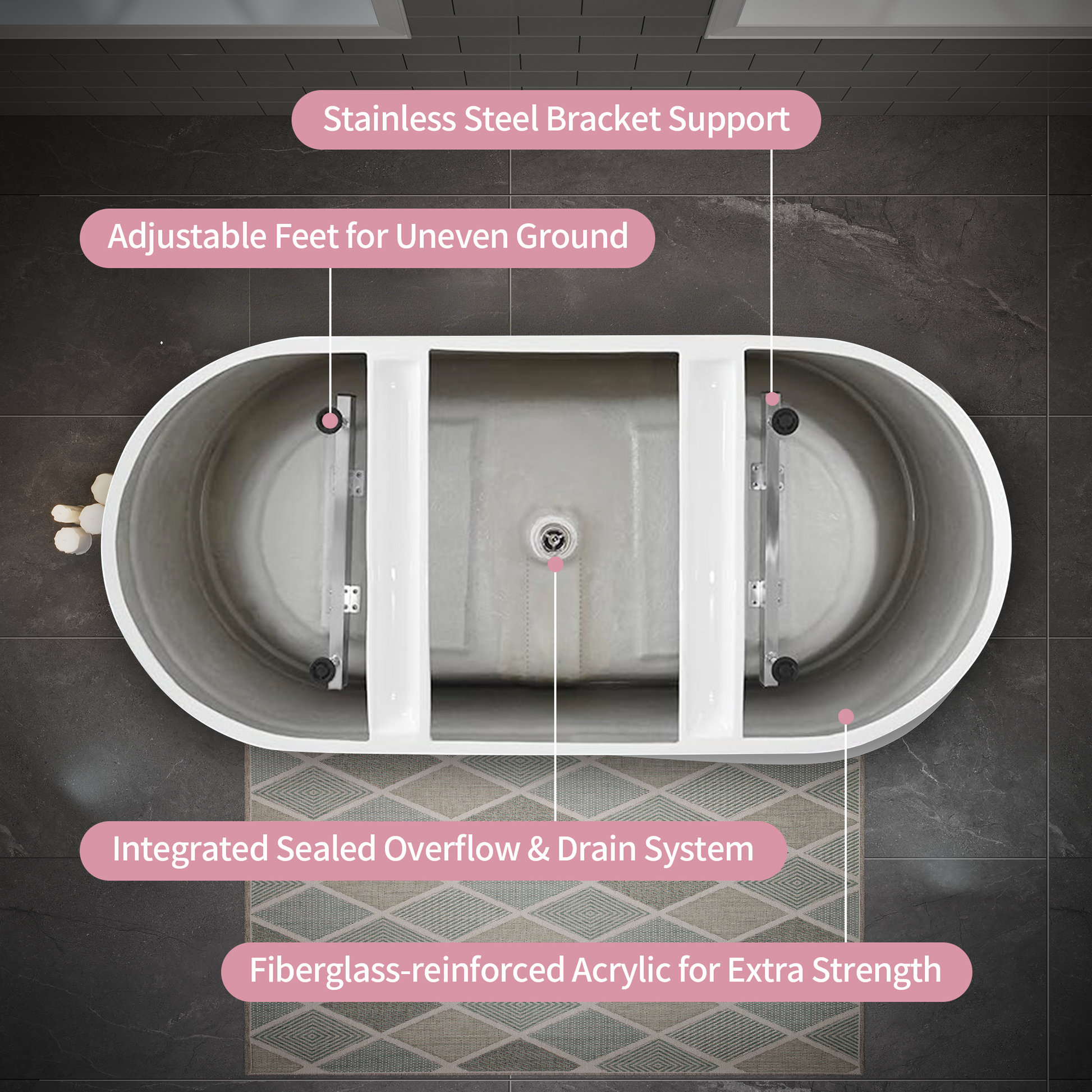 59" Glossy White Acrylic Freestanding Soaking Bathtub with Pop-Up Drain and Integrated Overflow