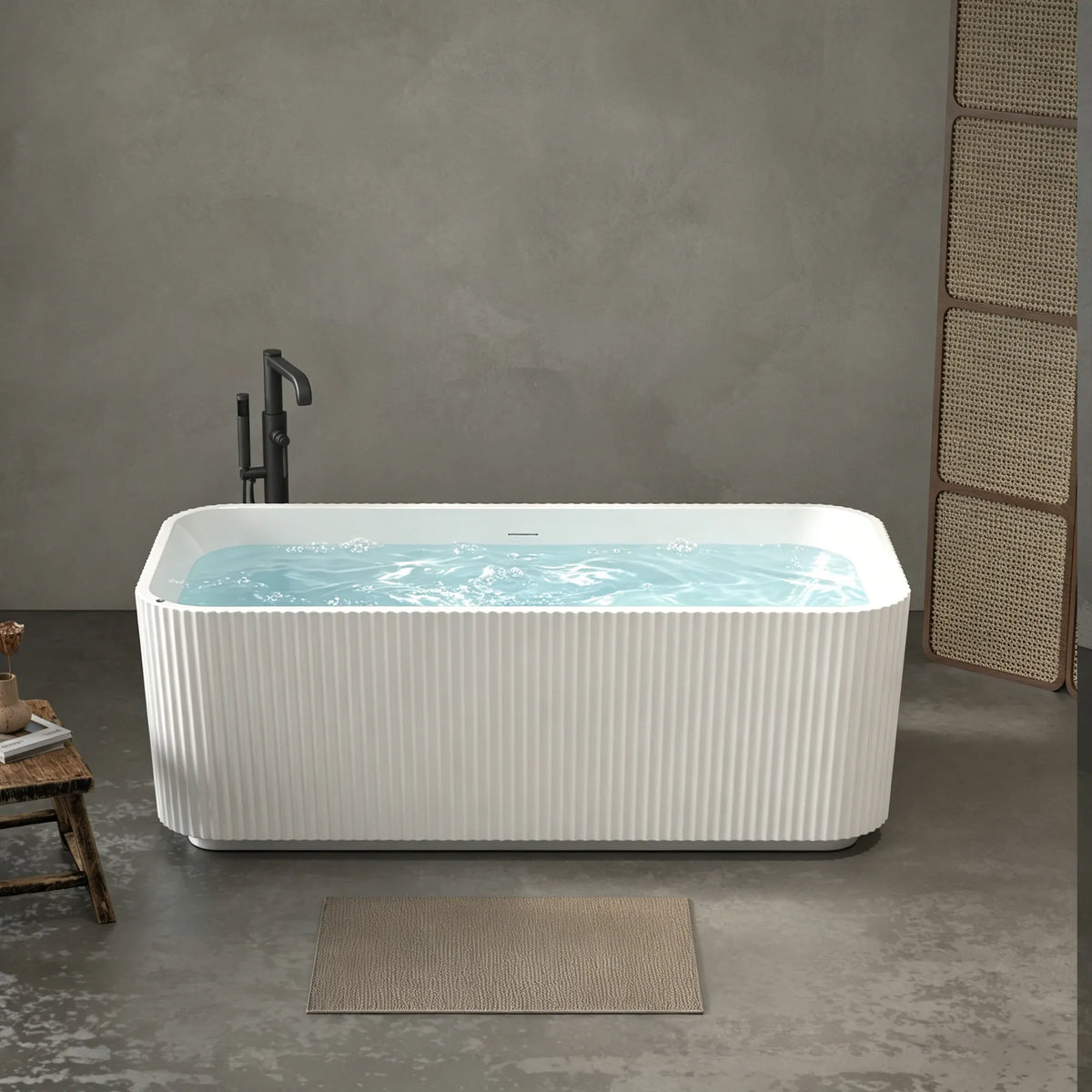 67" Gloss White Acrylic Whirlpool Freestanding Bathtub with 10 Jets and Vertical Fluted Exterior