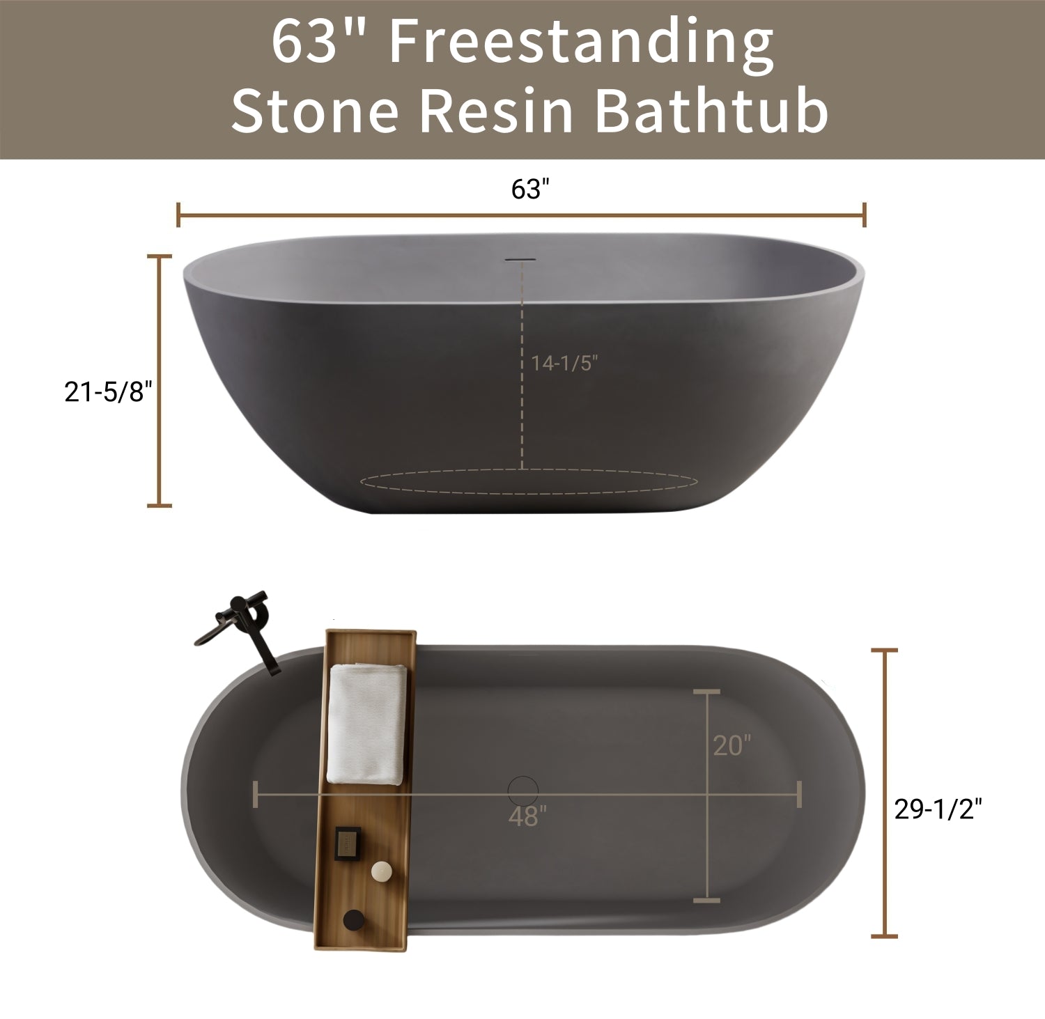 63" Engineered Stone Resin Freestanding Soaking Bathtub with Overflow and Pop-up Drain