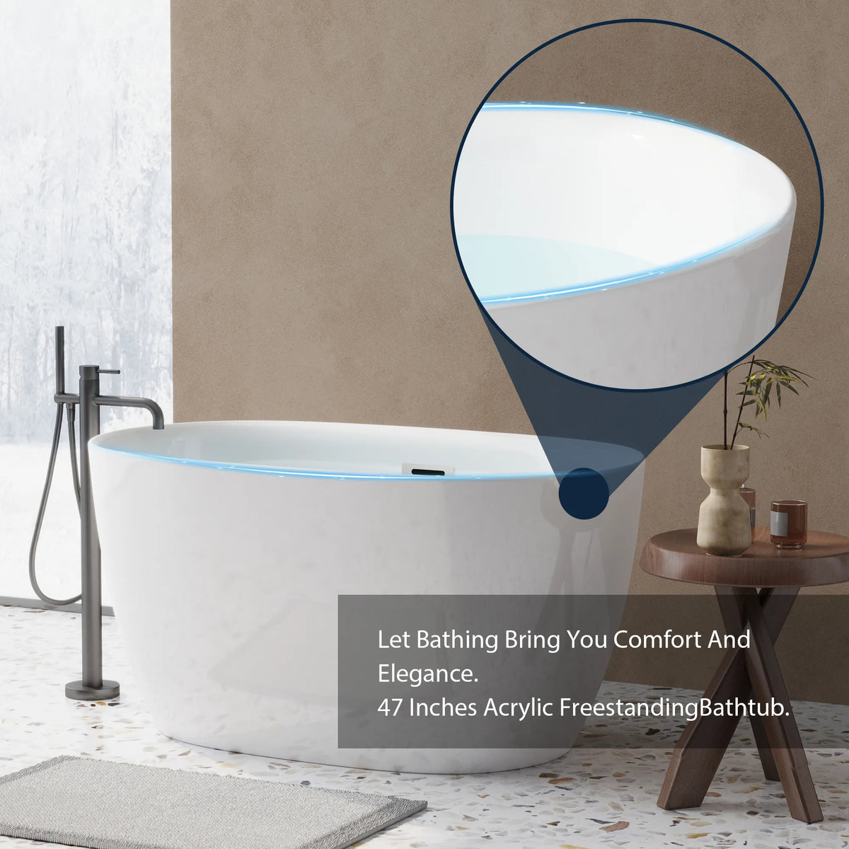 47" Gloss White Acrylic Oval Freestanding Bathtub with Chrome Overflow and Pop-Up Drain