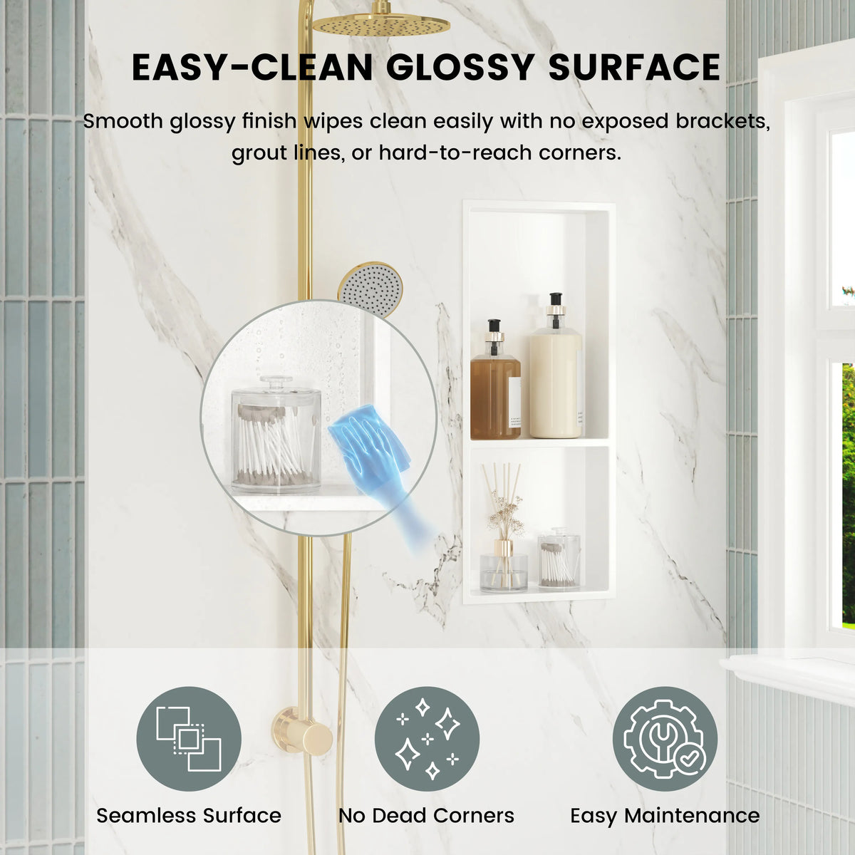 12.2" x 28.7"/39.3" Glossy White SMC Shower Niche with 1 or 2 Shelves