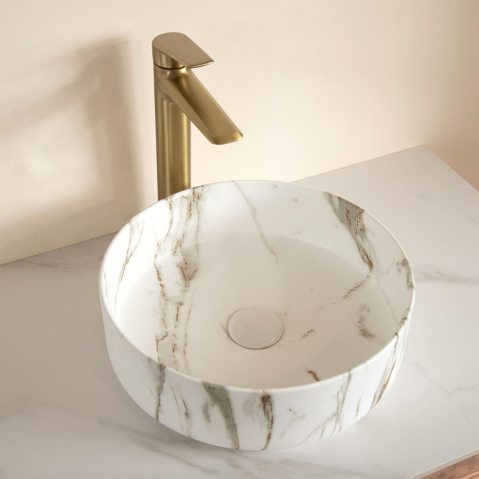 14 in. Round Ceramic Vessel Bathroom Sink in Glossy White / Stone Pattern Matte White