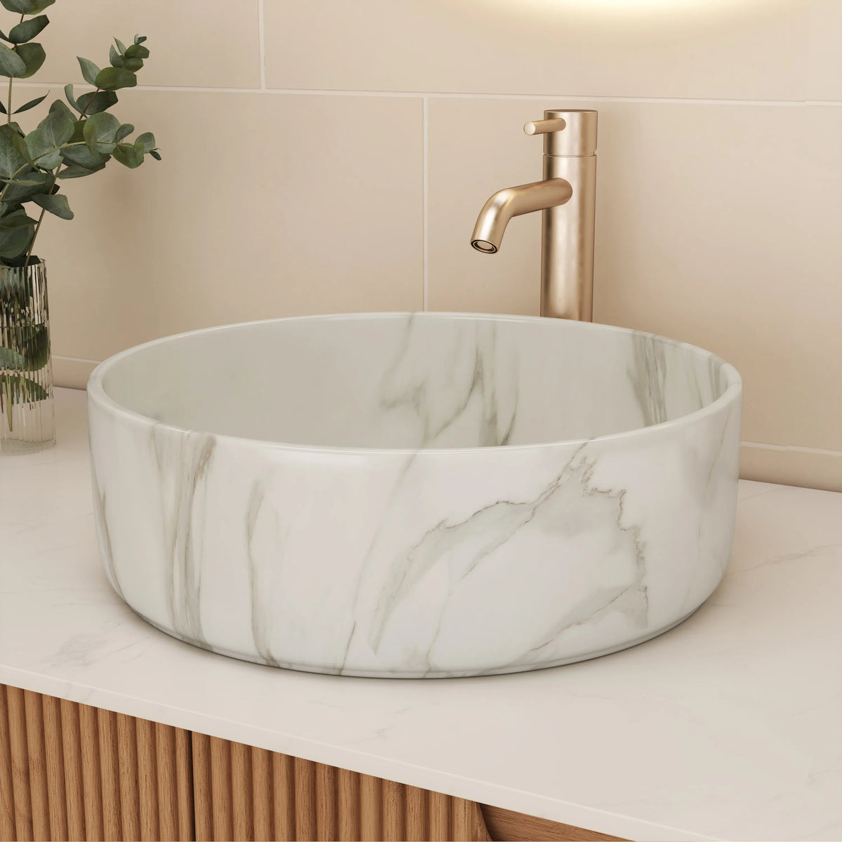14 in. Round Ceramic Vessel Bathroom Sink in Glossy White / Stone Pattern Matte White