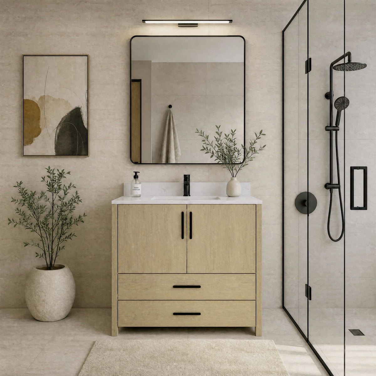 24"/36" Single Sink Bathroom Vanity with Light Natural Wood & Marble Top
