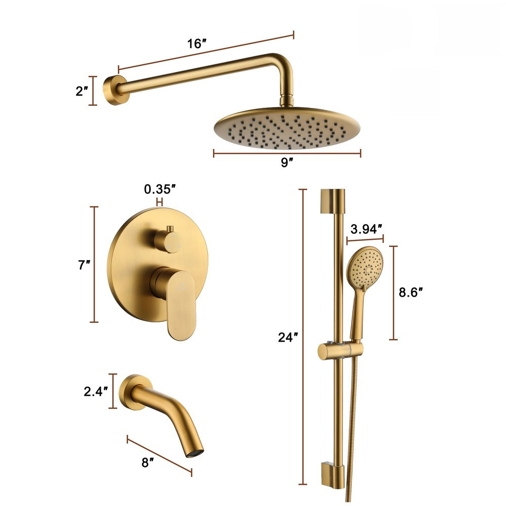 9" 3-Function Shower Faucet Set with Tub Spout & Slide Bar