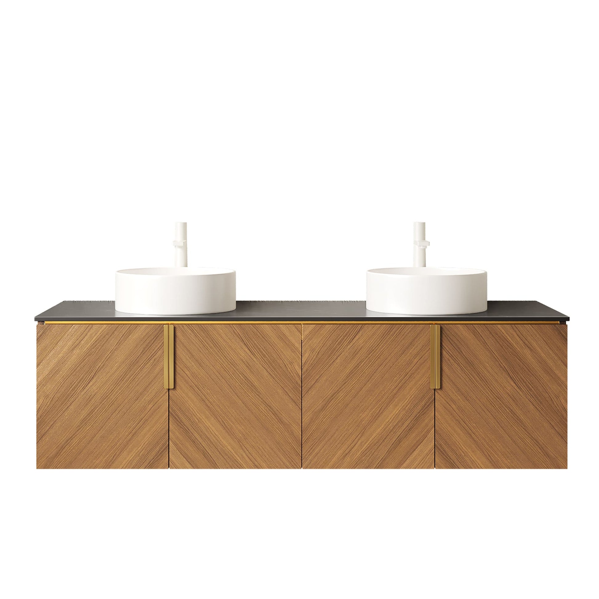 30 in. / 60 in. Floating Bathroom Vanity with Black Sintered Stone Top and Round Ceramic Vessel Sink, Brown Oak Woodgrain