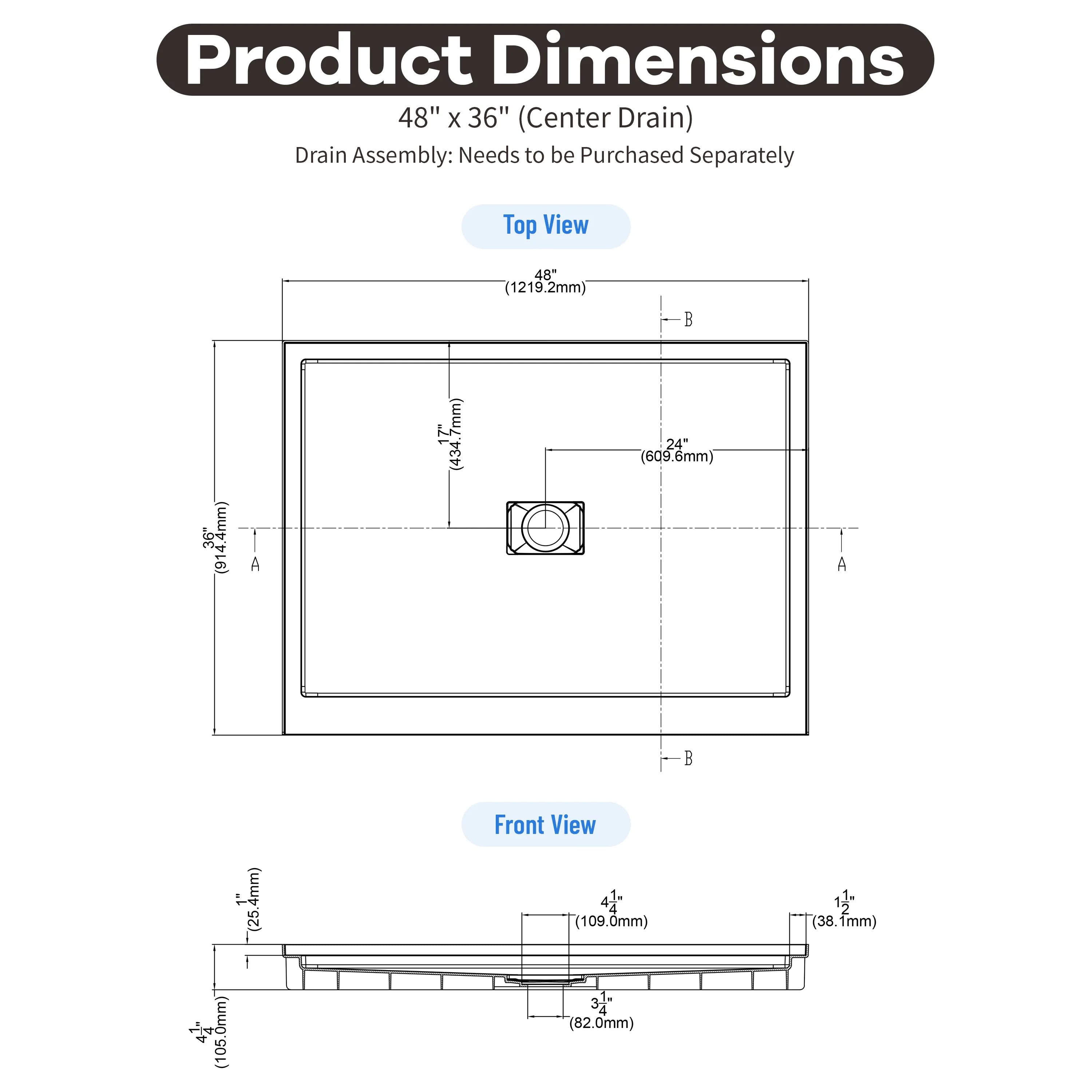 36"-60"x30"-36" White SMC Shower Base with Flamed Rock Slip-Resistant Surface, Center Drain