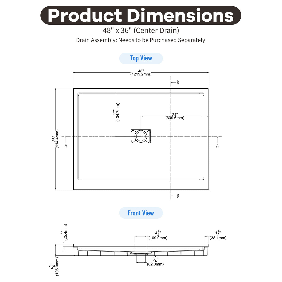 36"-60"x30"-36" White SMC Shower Base with Flamed Rock Slip-Resistant Surface, Center Drain
