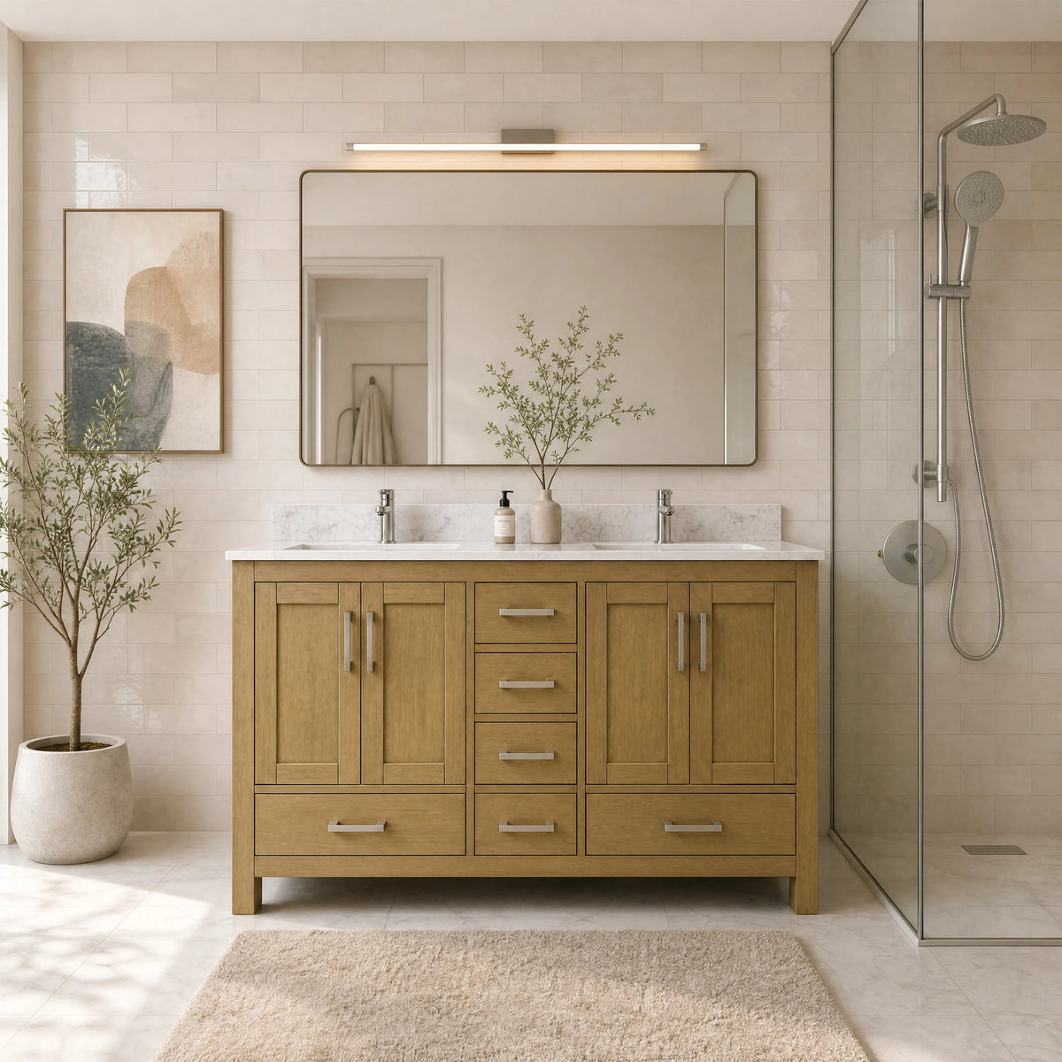 42"/55"/60"/72"/84" Warm Oak Freestanding Bathroom Vanity with Solid Wood Construction