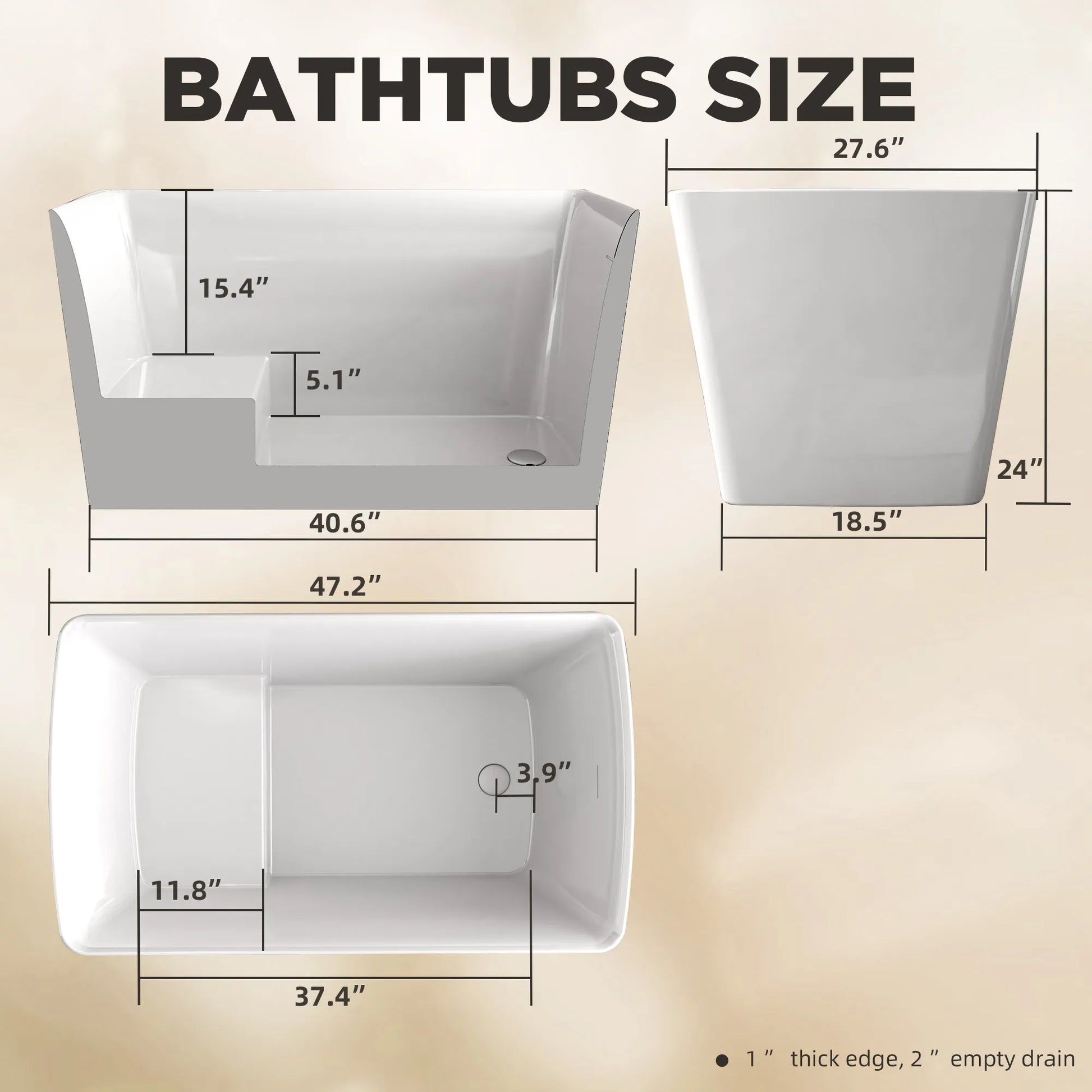 47" Gloss White Acrylic Freestanding Bathtub with Built-In Seat, Invisible Overflow and Chrome Pop-Up Drain
