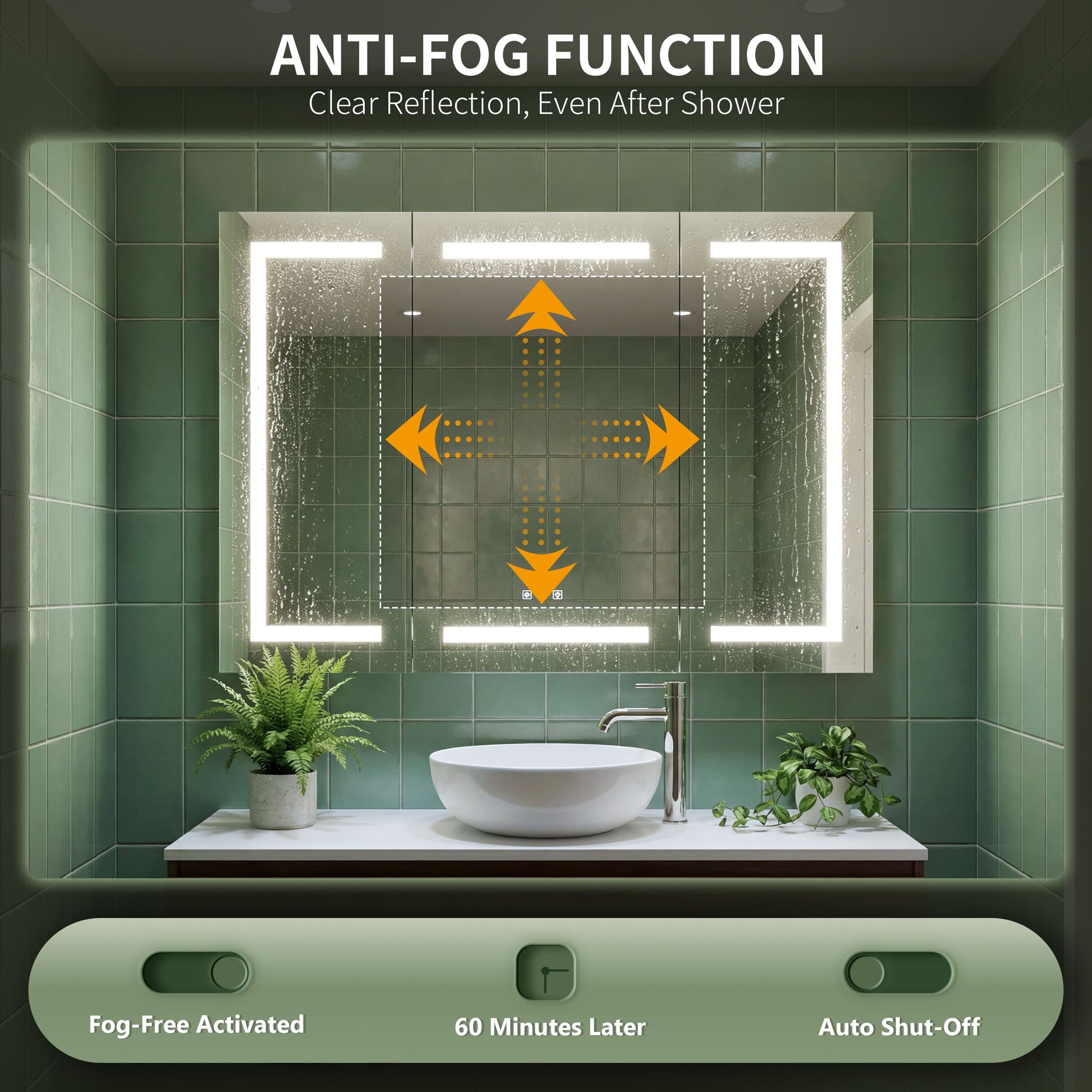 47"x36" 3 Doors Bathroom Medicine Cabinet with Anti Fog LED Mirrors