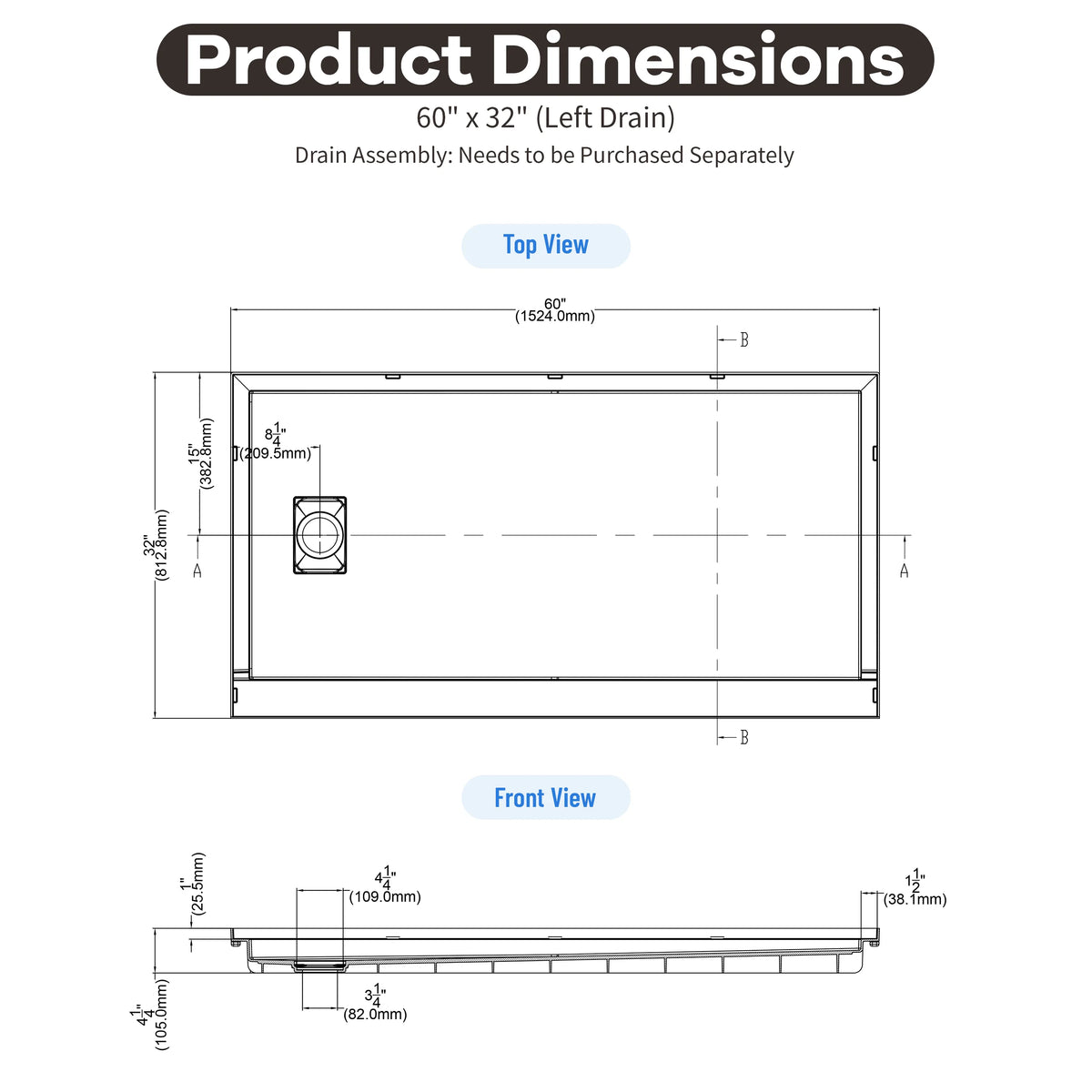 48"/60"x30"-36" White SMC Shower Base with Flamed Rock Slip-Resistant Surface, Left/Right Drain