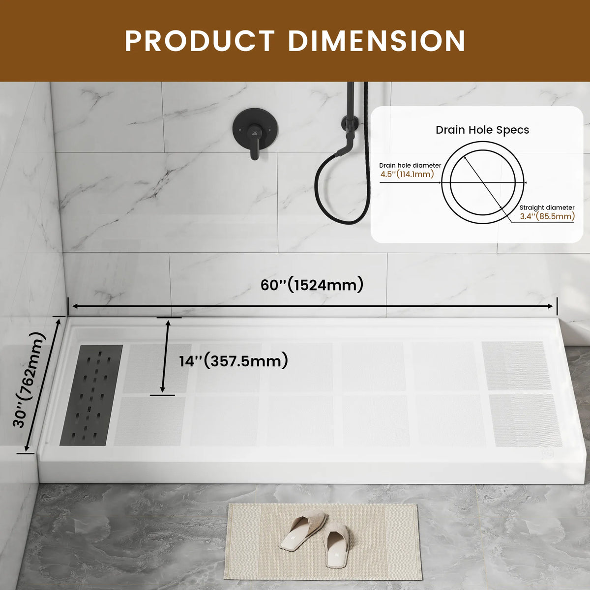 48"/60" x 30"/32"/36" White SMC Rectangular Shower Base with Non-Slip Texture, Left/Right Drain